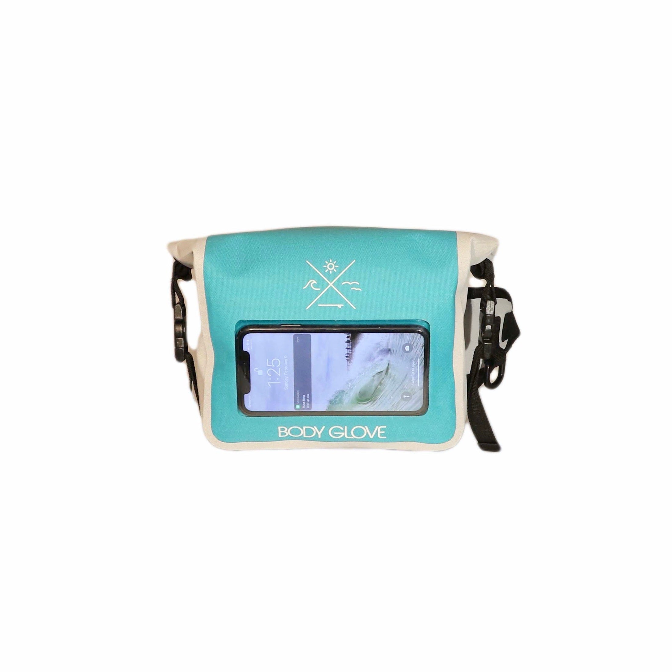 Turquoise and beige dry bag with a screen and 'Body Glove' branding on a white background