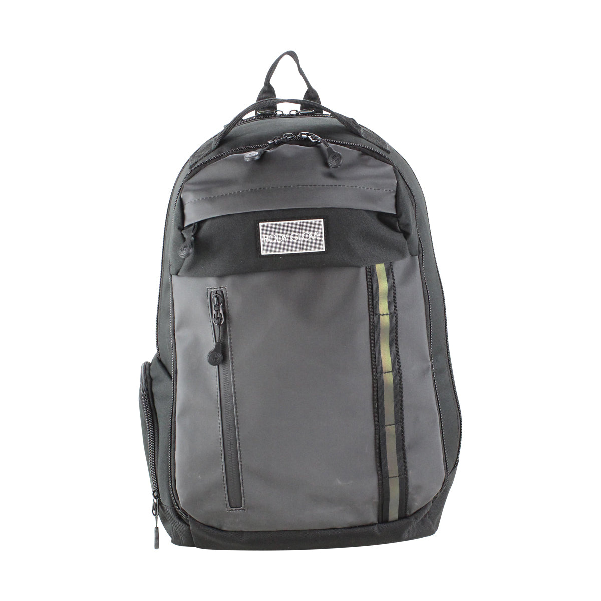 Gray backpack with a visible brand logo on a white background