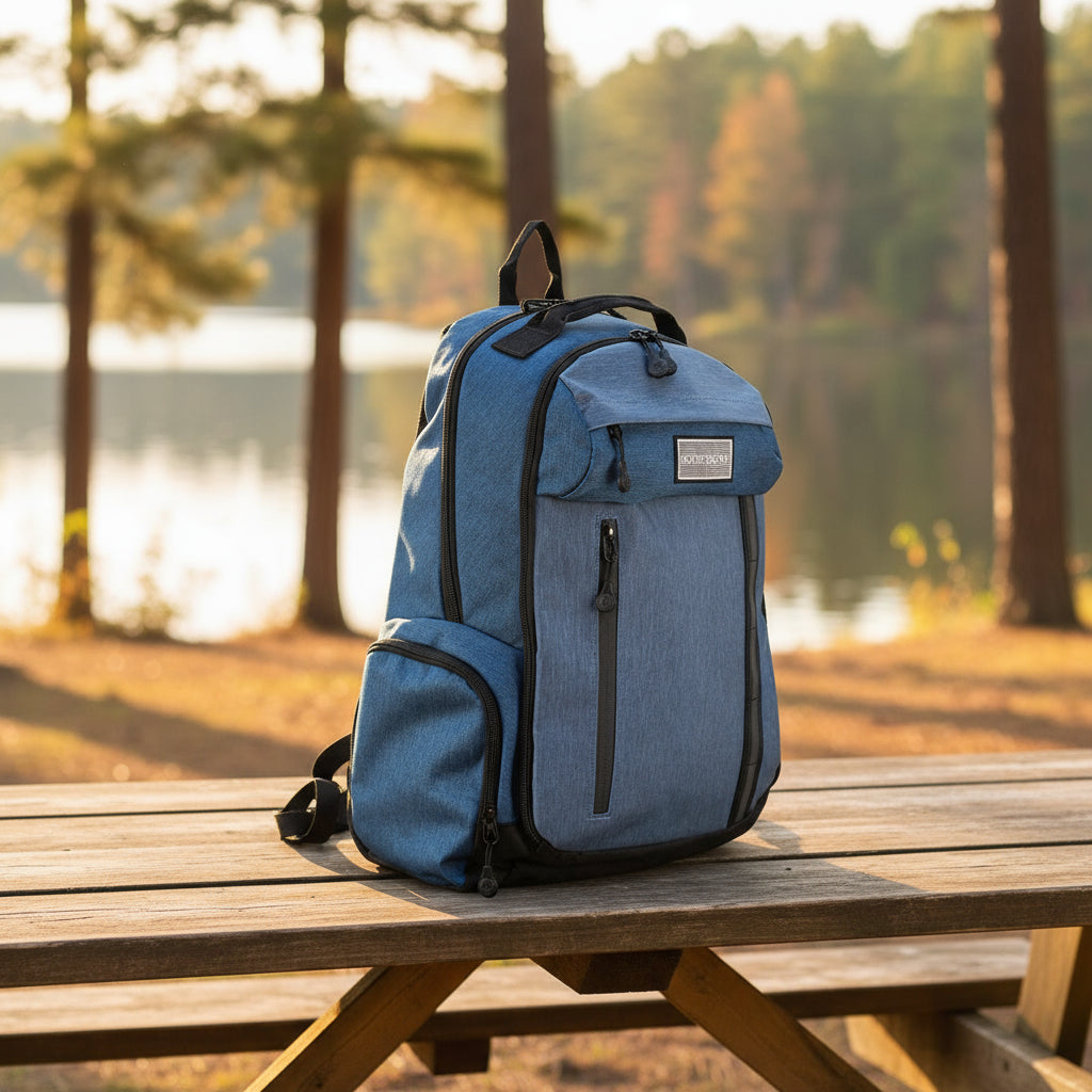 Blue backpack with black straps on a white background