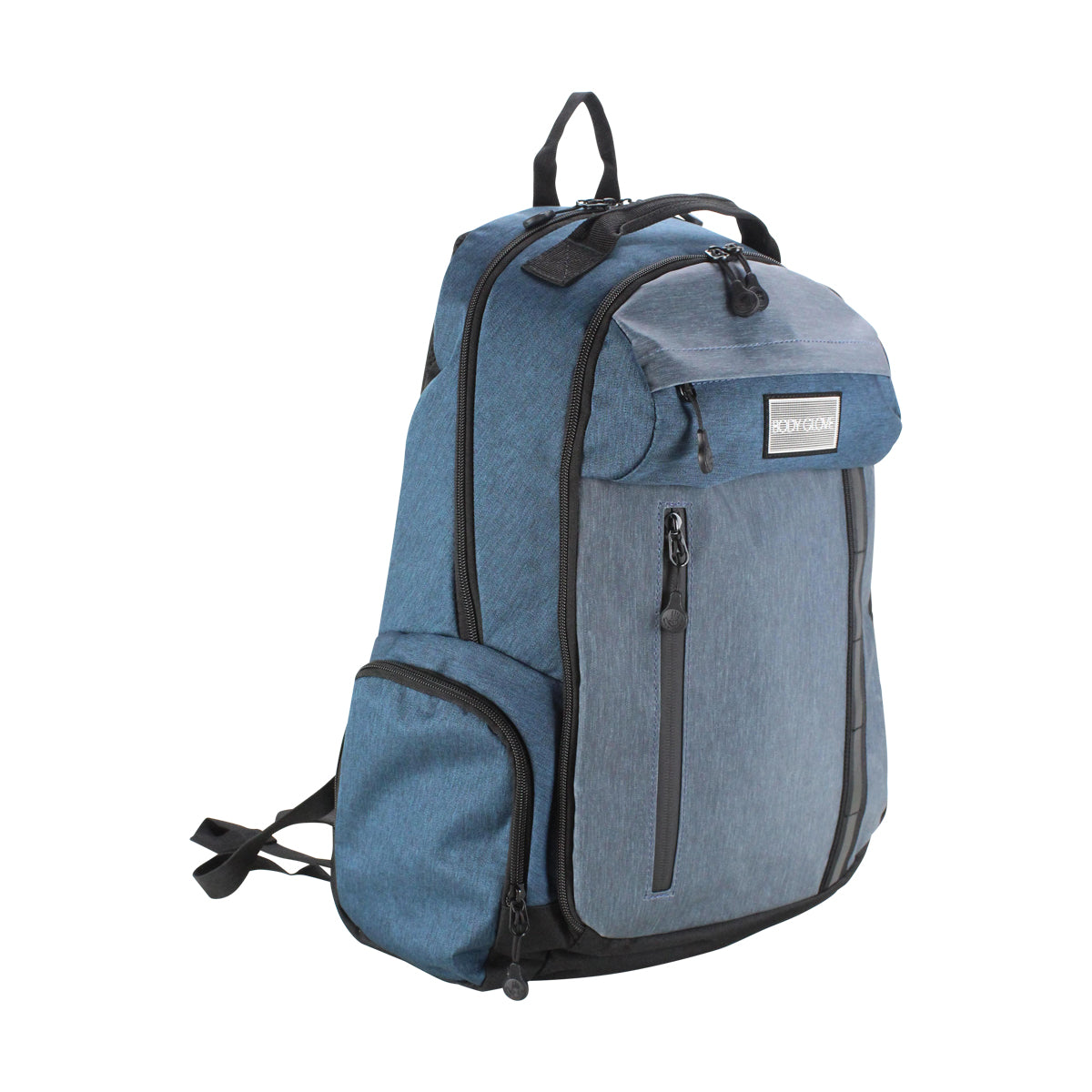 Blue backpack with black straps on a white background
