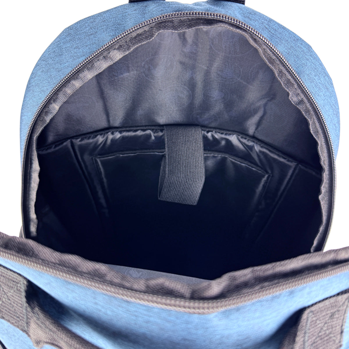 Blue backpack with open front compartment on a white background
