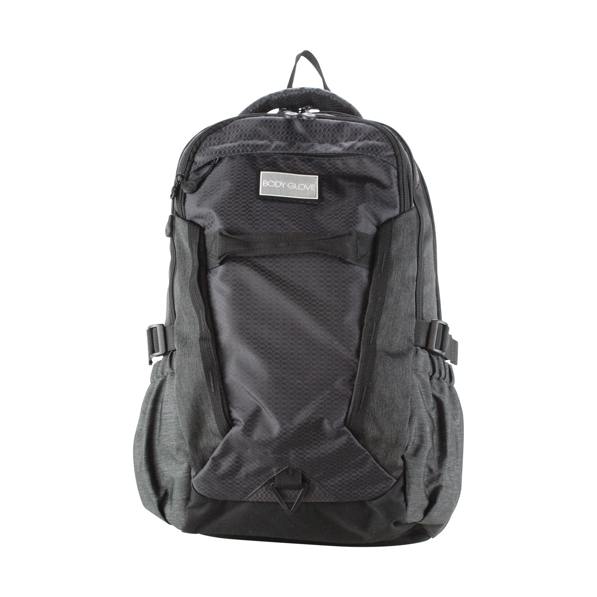 Black backpack with a visible brand logo on a white background