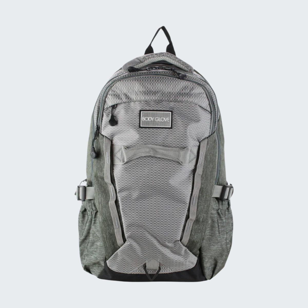 Gray backpack with a visible brand logo on a white background