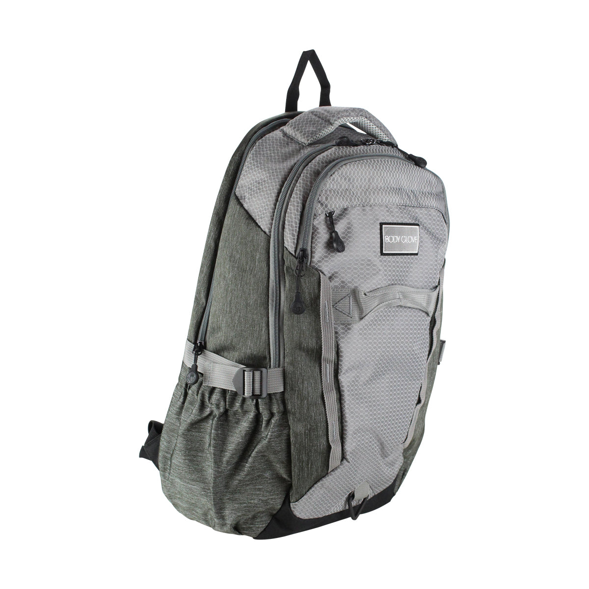Gray backpack with a visible brand logo on a white background