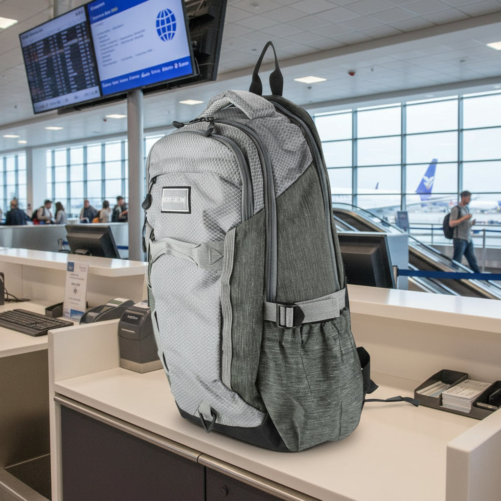 Gray backpack on a white background