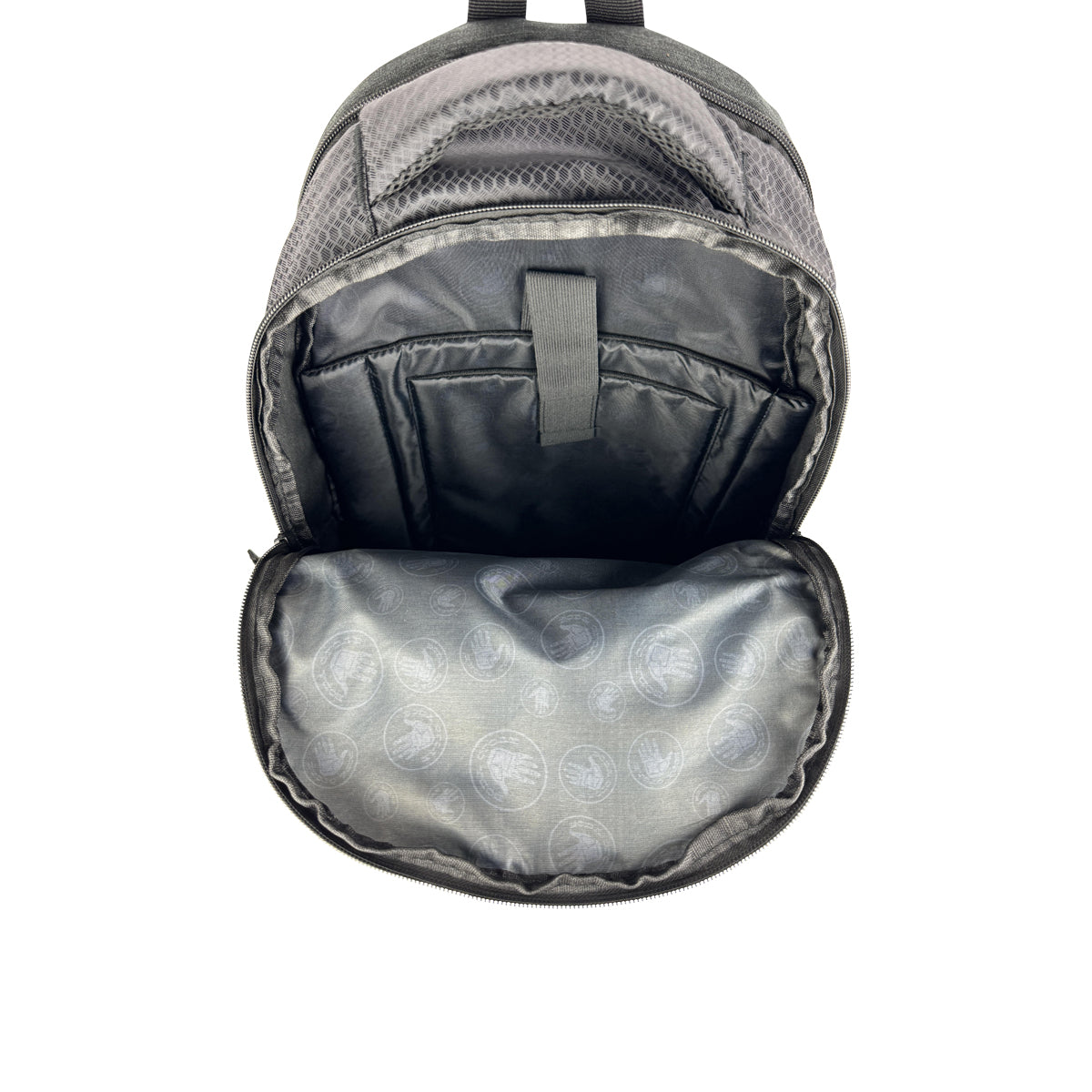 Gray backpack with open front compartment on a white background