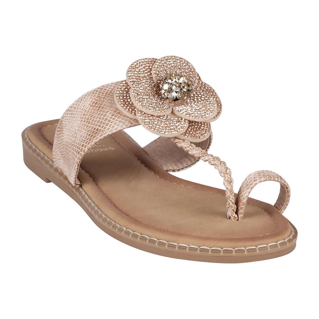 GC Shoes Women's Blossom Rose Gold Embellished Flower Toe Ring Flat Sandals