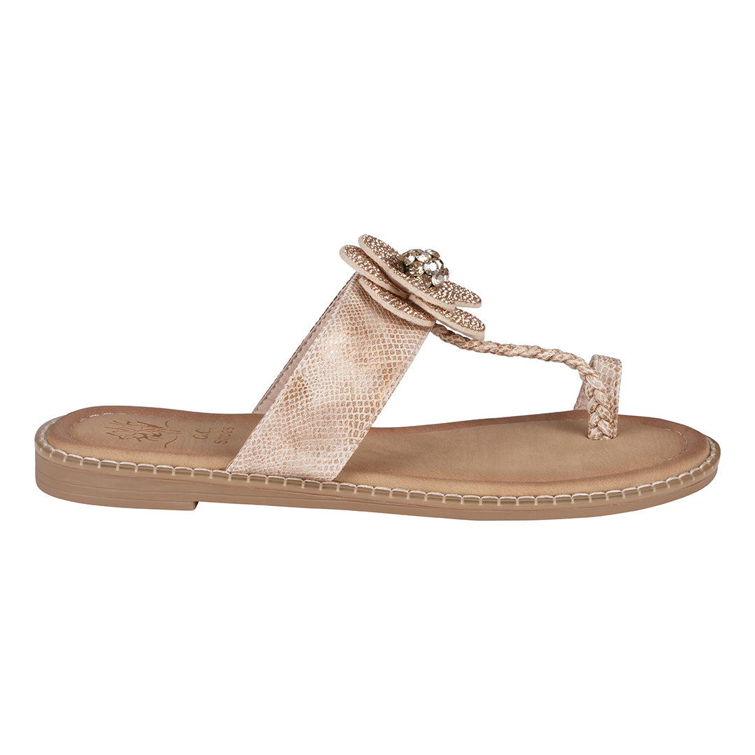GC Shoes Women's Blossom Rose Gold Embellished Flower Toe Ring Flat Sandals