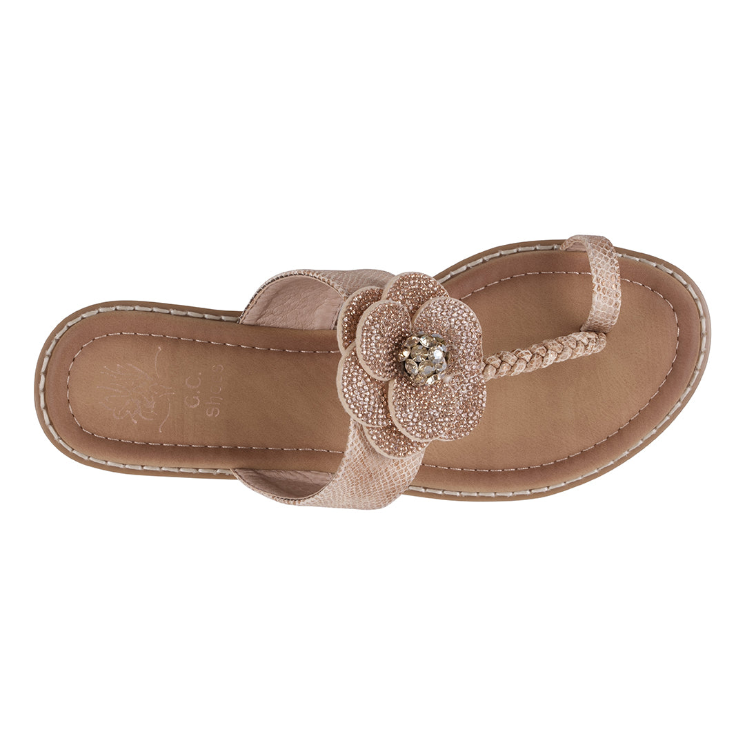 GC Shoes Women's Blossom Rose Gold Embellished Flower Toe Ring Flat Sandals