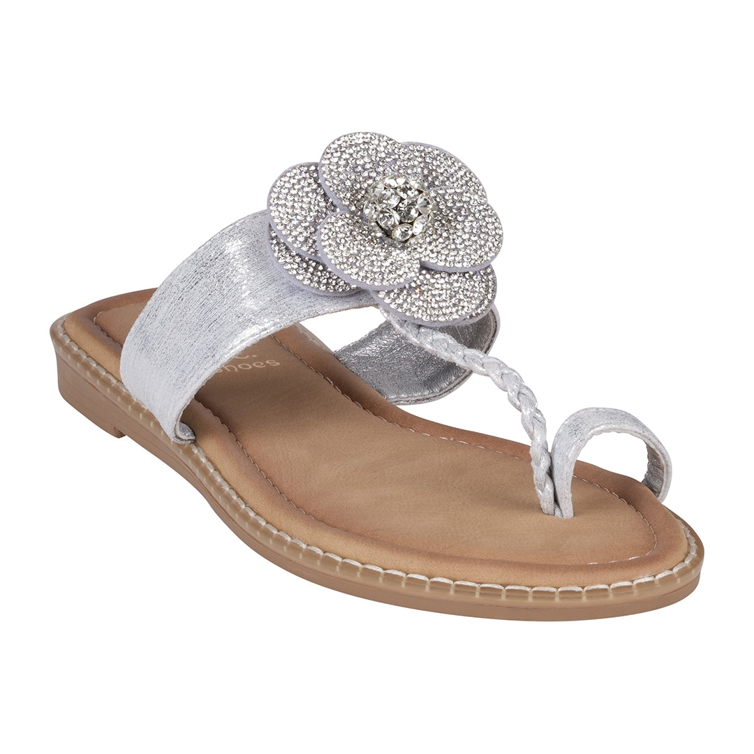 GC Shoes Women's Blossom Silver Embellished Flower Toe Ring Flat Sandals
