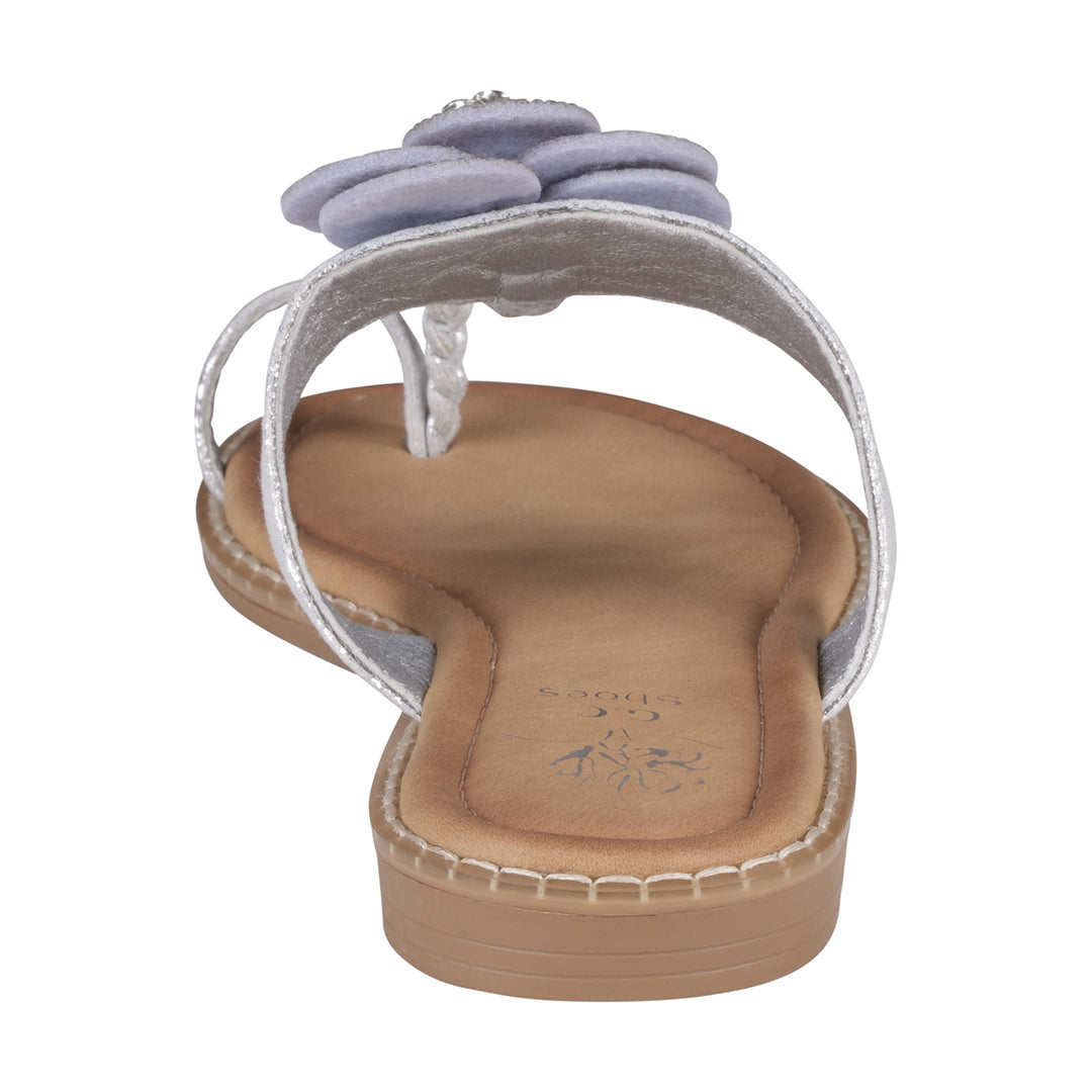 GC Shoes Women's Blossom Silver Embellished Flower Toe Ring Flat Sandals