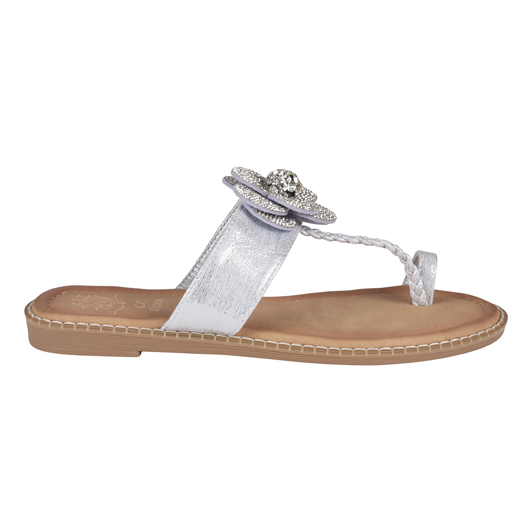 GC Shoes Women's Blossom Silver Embellished Flower Toe Ring Flat Sandals