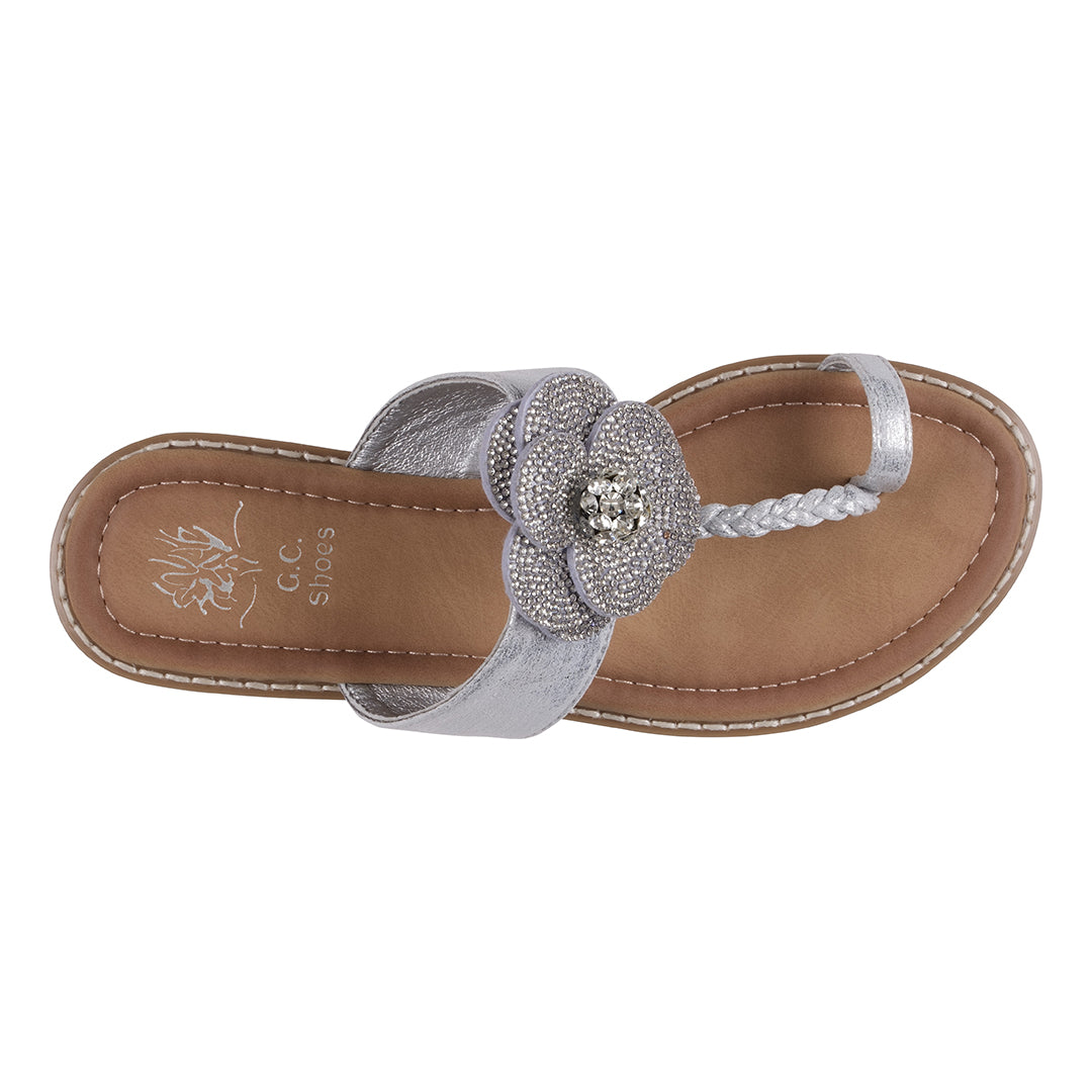 GC Shoes Women's Blossom Silver Embellished Flower Toe Ring Flat Sandals