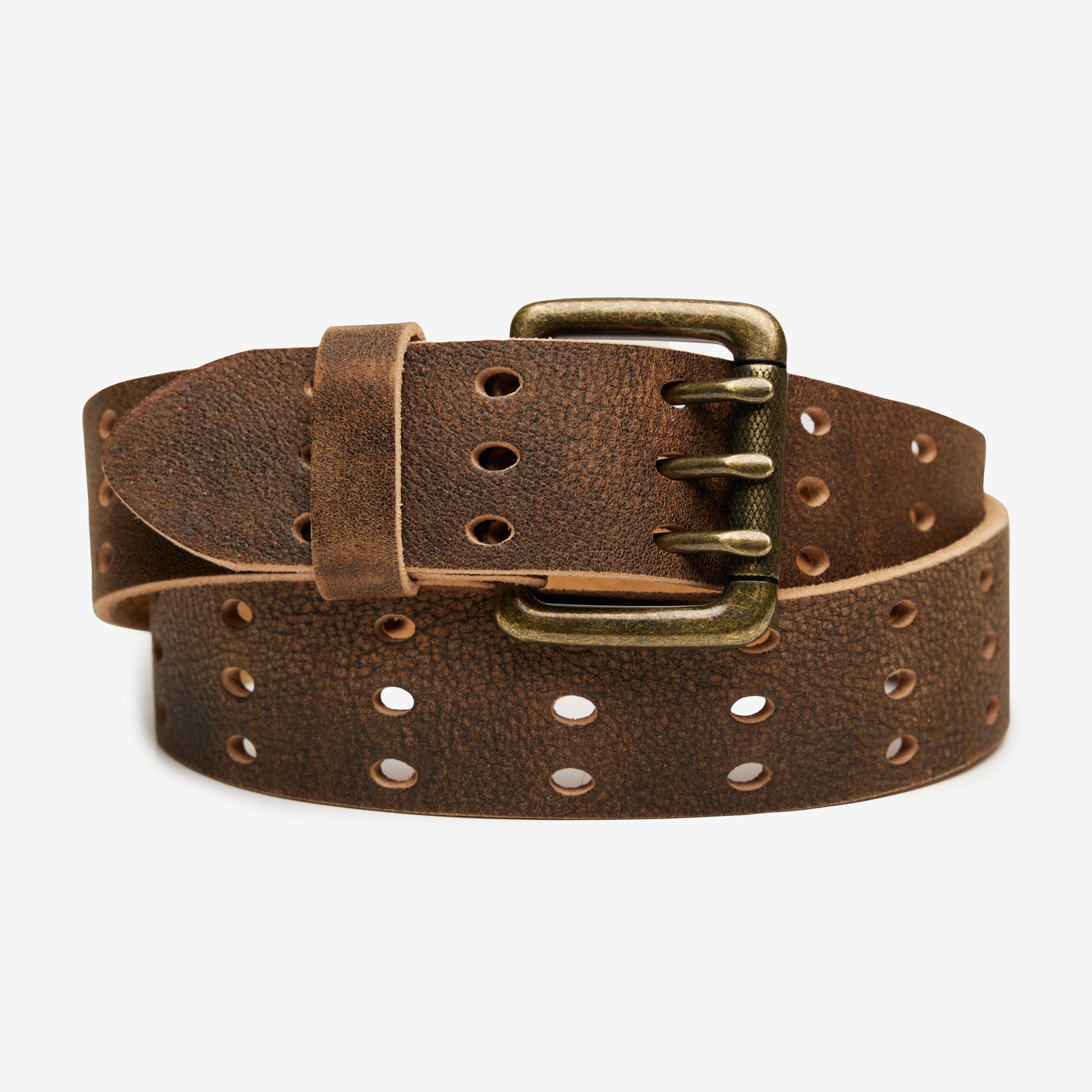 Brown leather belt with a brass buckle on a white background