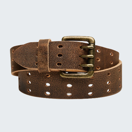 Brown leather belt with a brass buckle on a white background