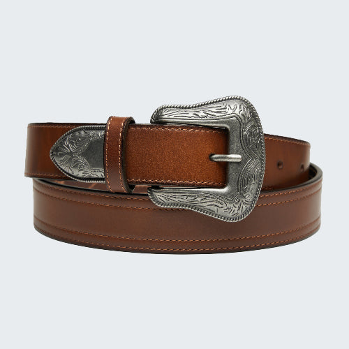 Brown leather belt with silver buckle on a white background