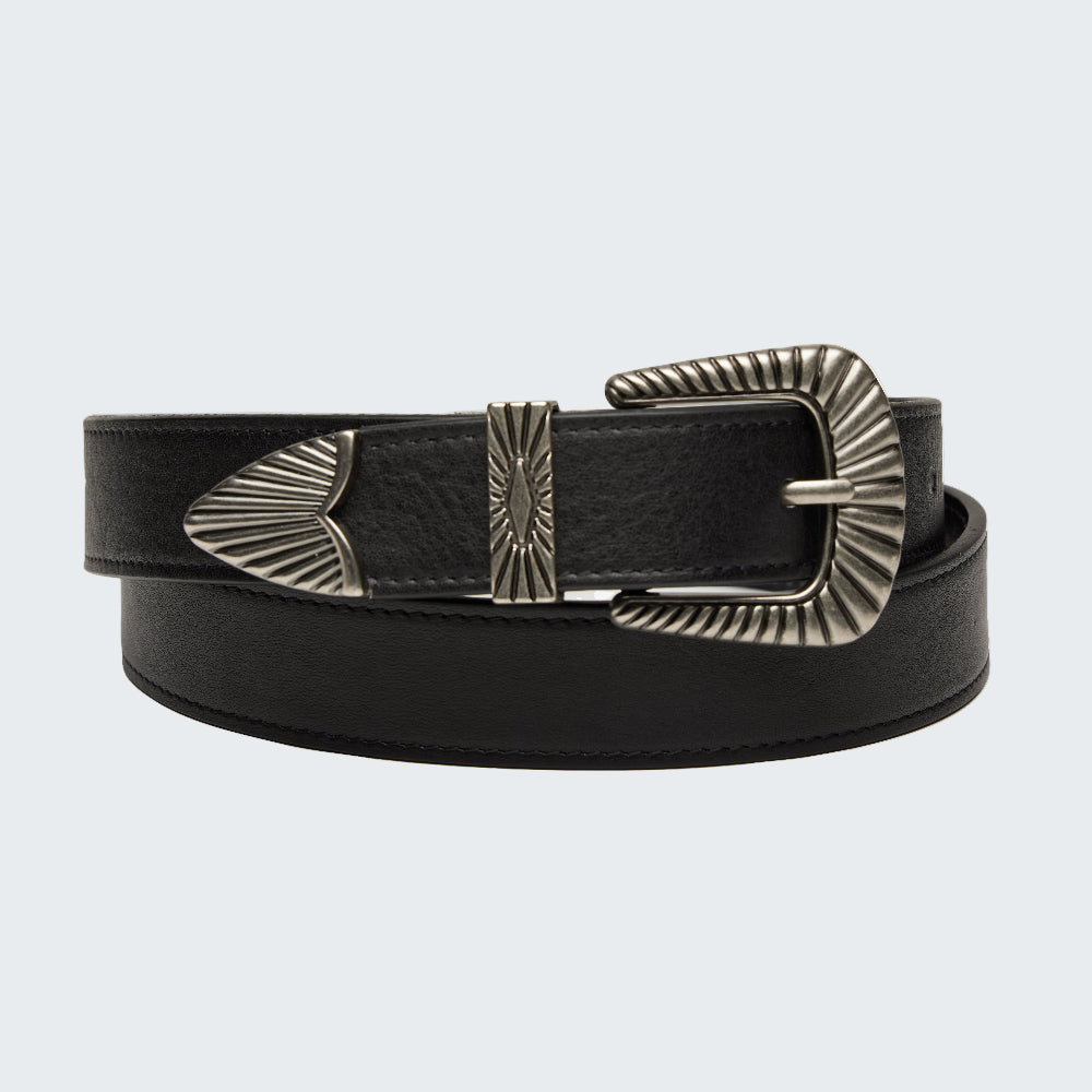 Black leather belt with a large metallic buckle on a light gray background
