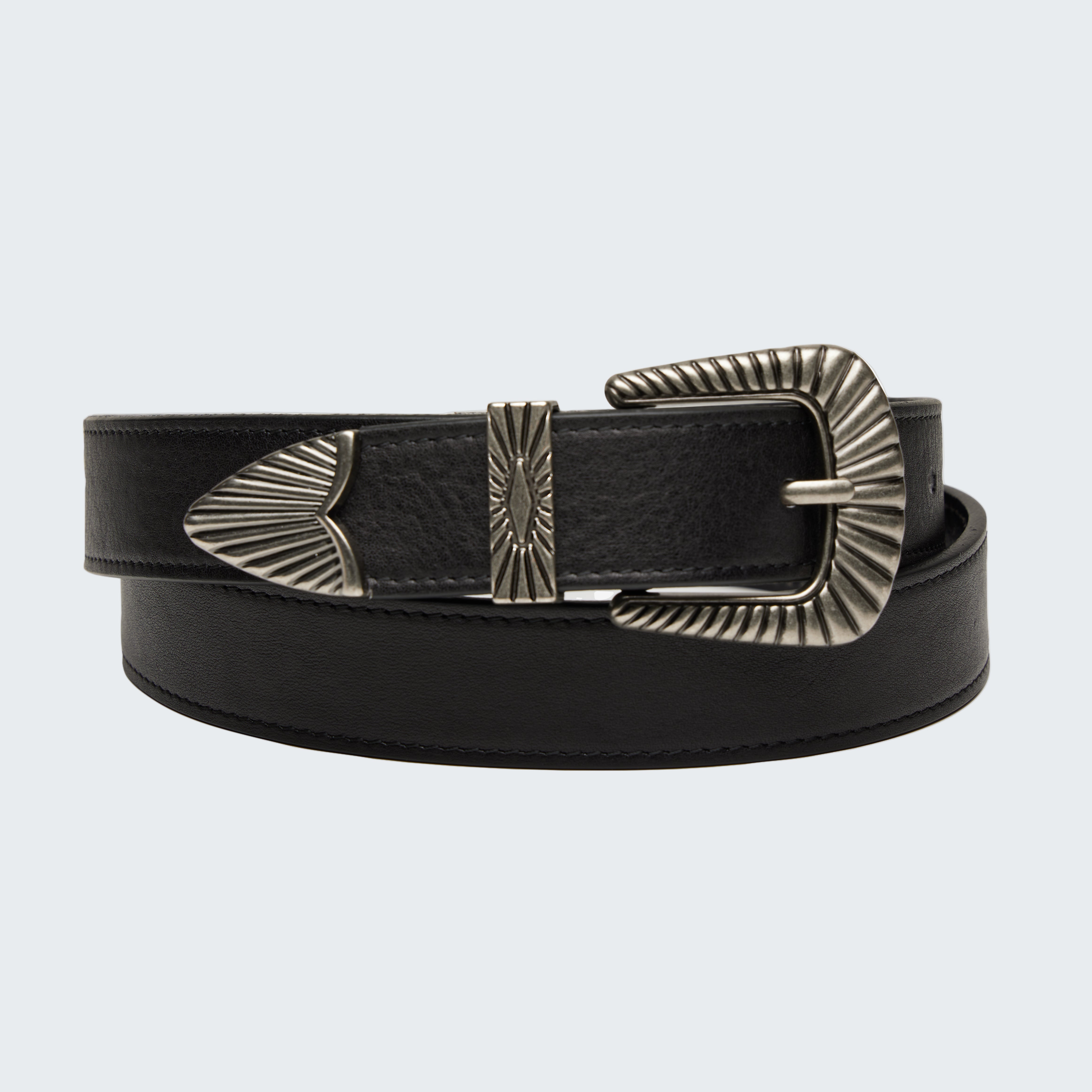 Black leather belt with a large metallic buckle on a light gray background