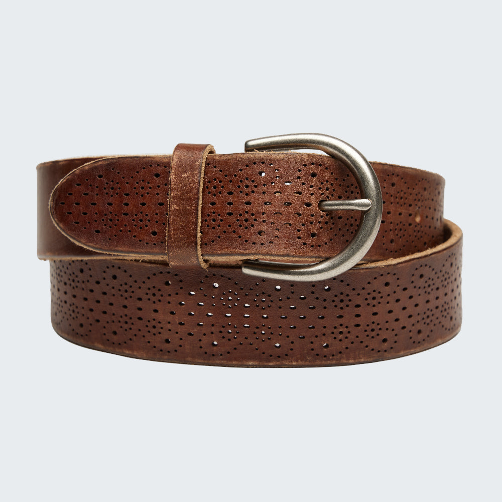 Brown leather belt with a silver buckle on a white background