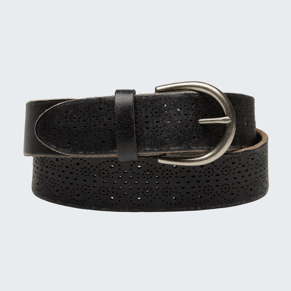 Black perforated belt with a silver buckle on a light gray background