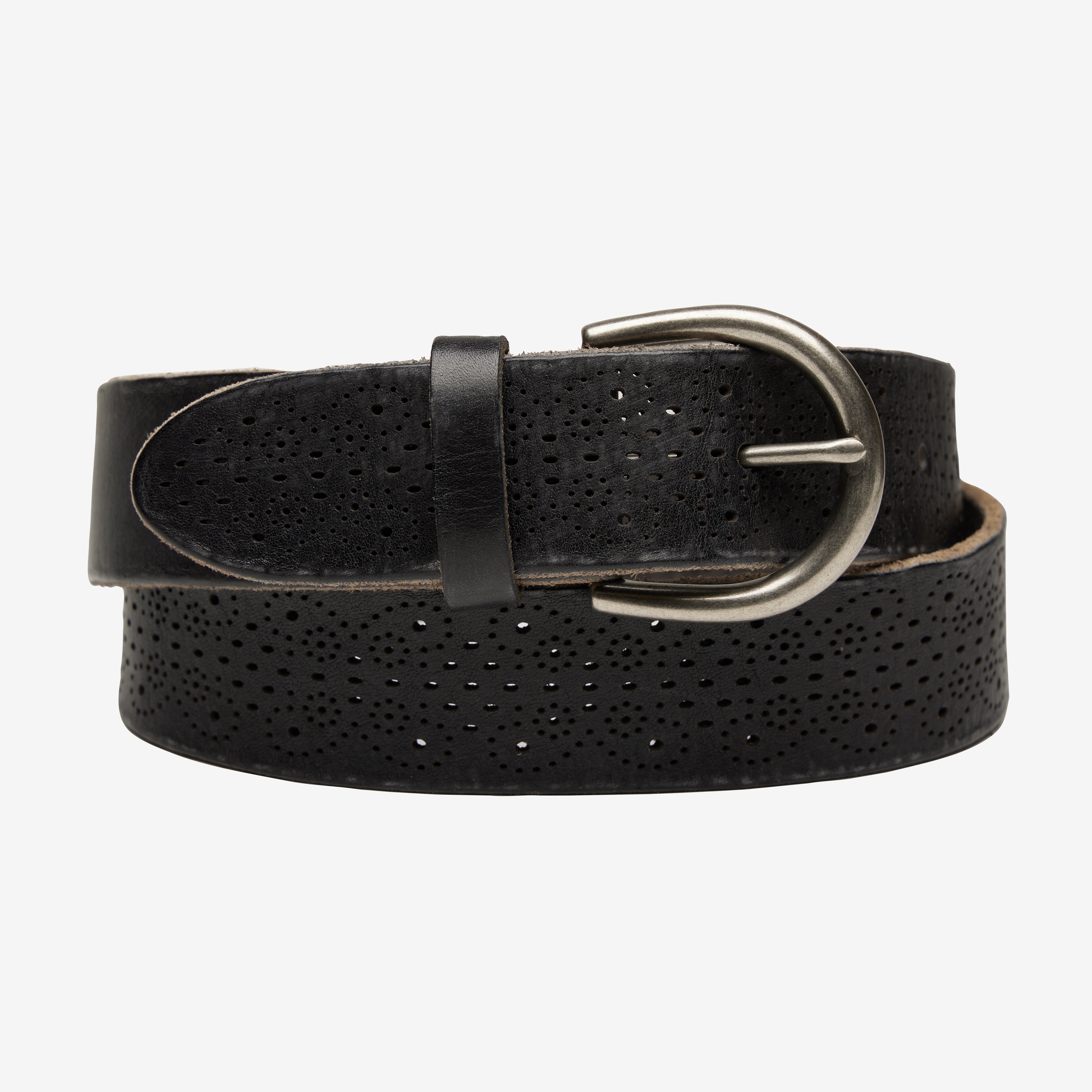 Black perforated belt with a silver buckle on a light gray background