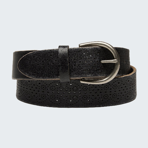 Black perforated belt with a silver buckle on a light gray background