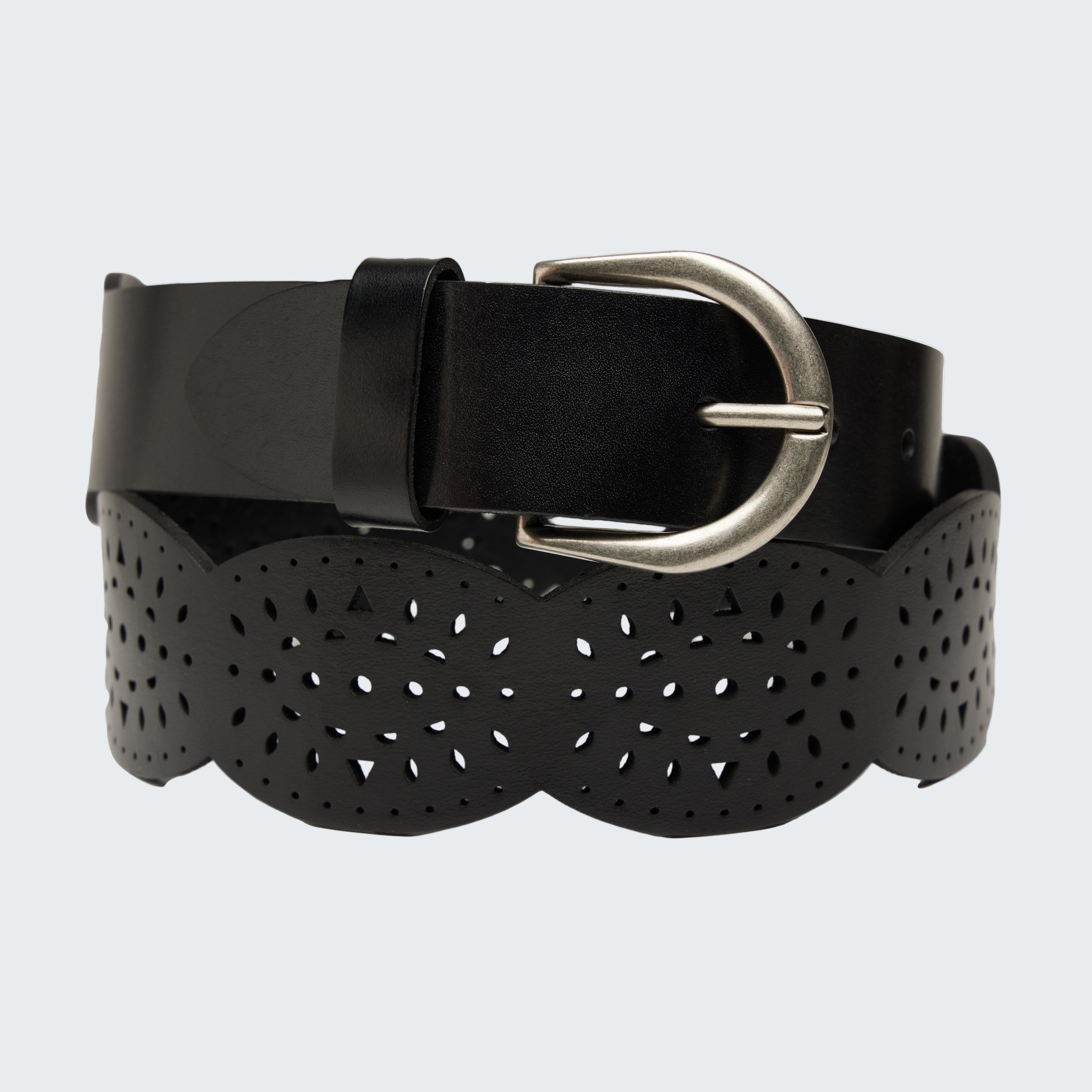 Black belt with perforated design and silver buckle on a white background