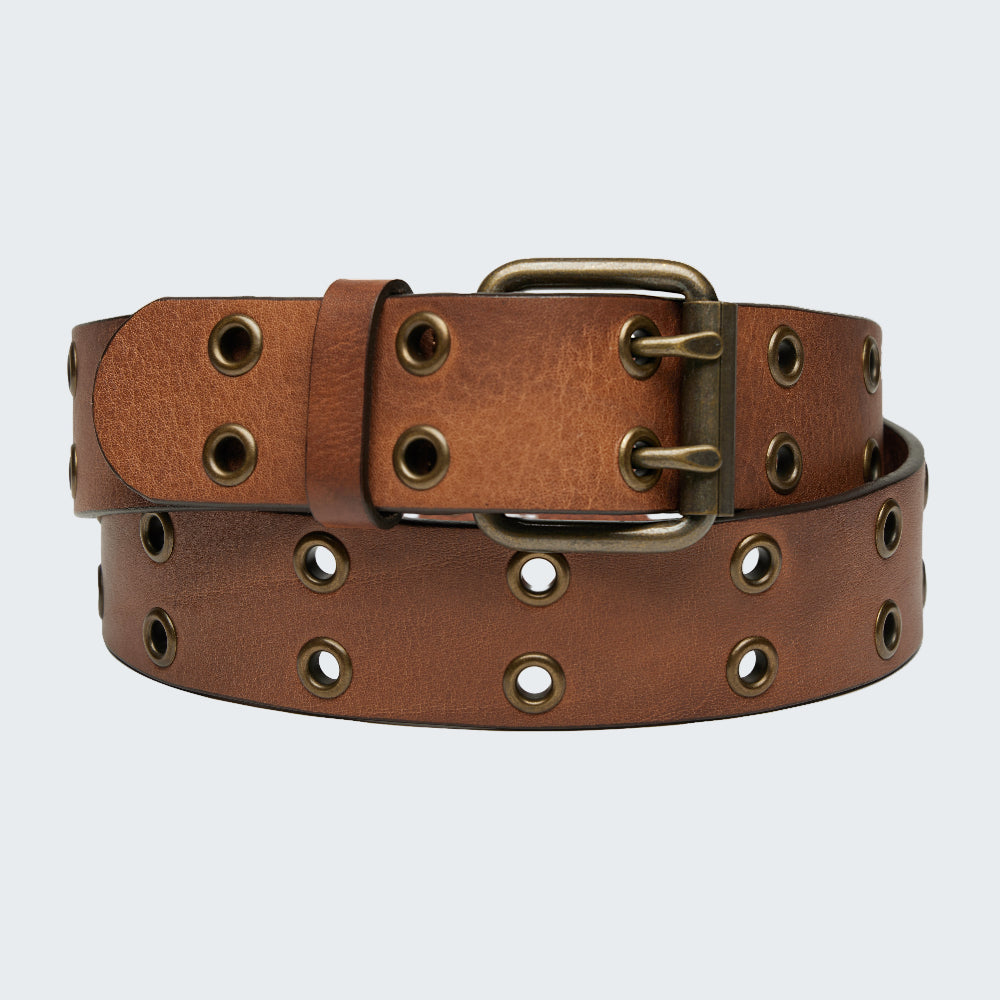 Brown leather belt with brass buckle on a white background
