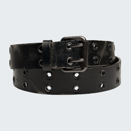 Black leather belt with eyelets on a white background