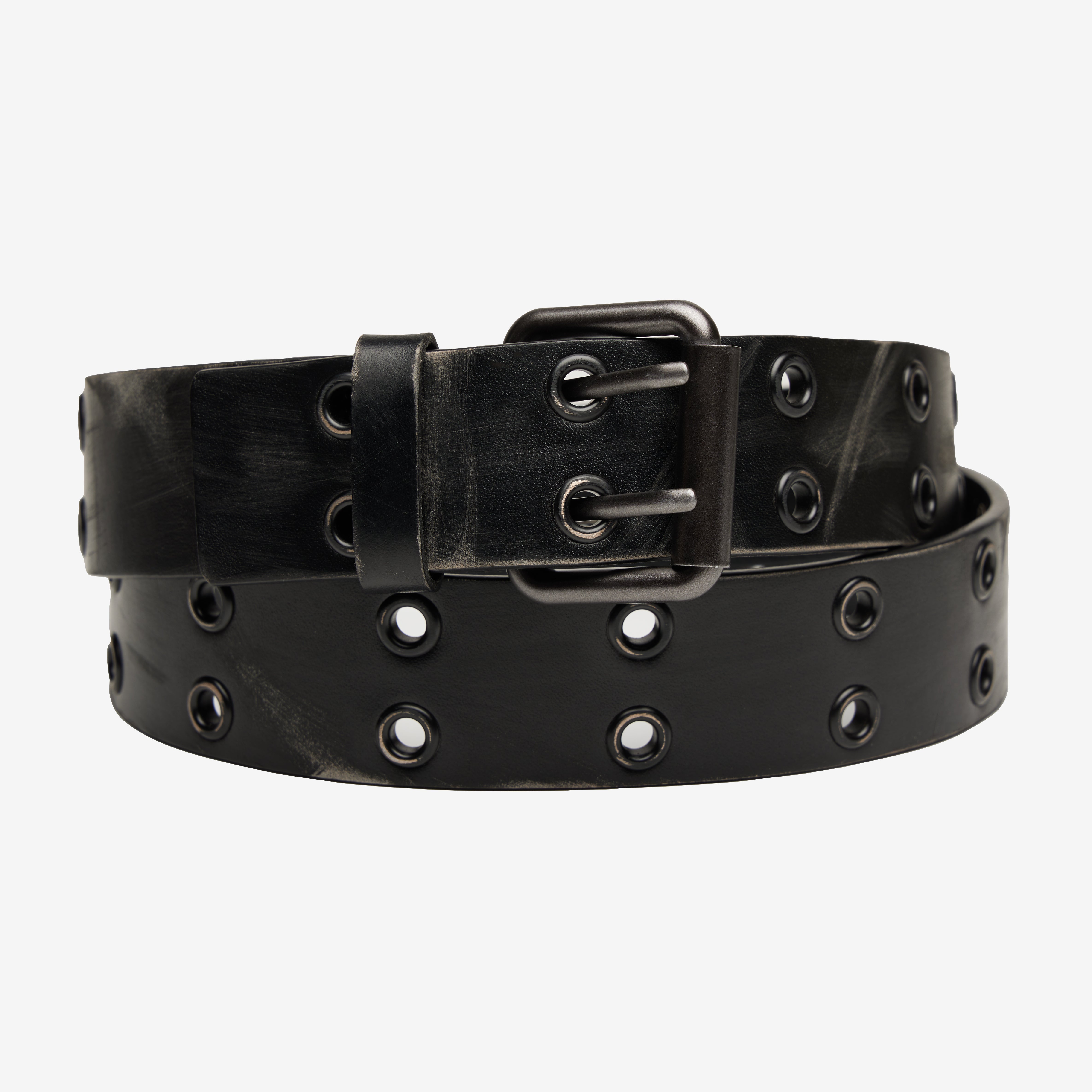 Black leather belt with eyelets on a white background