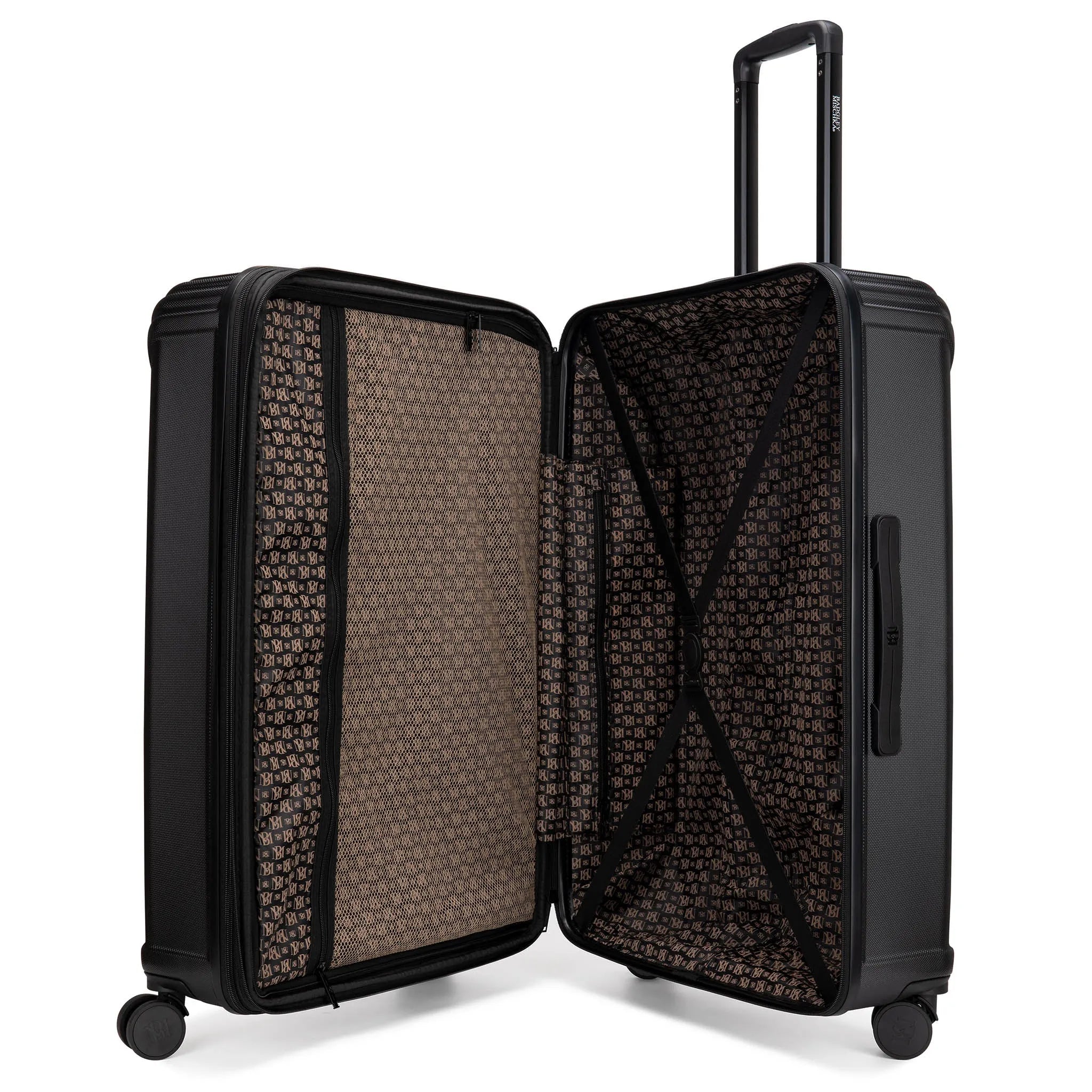 Black suitcase with open lid on a white background