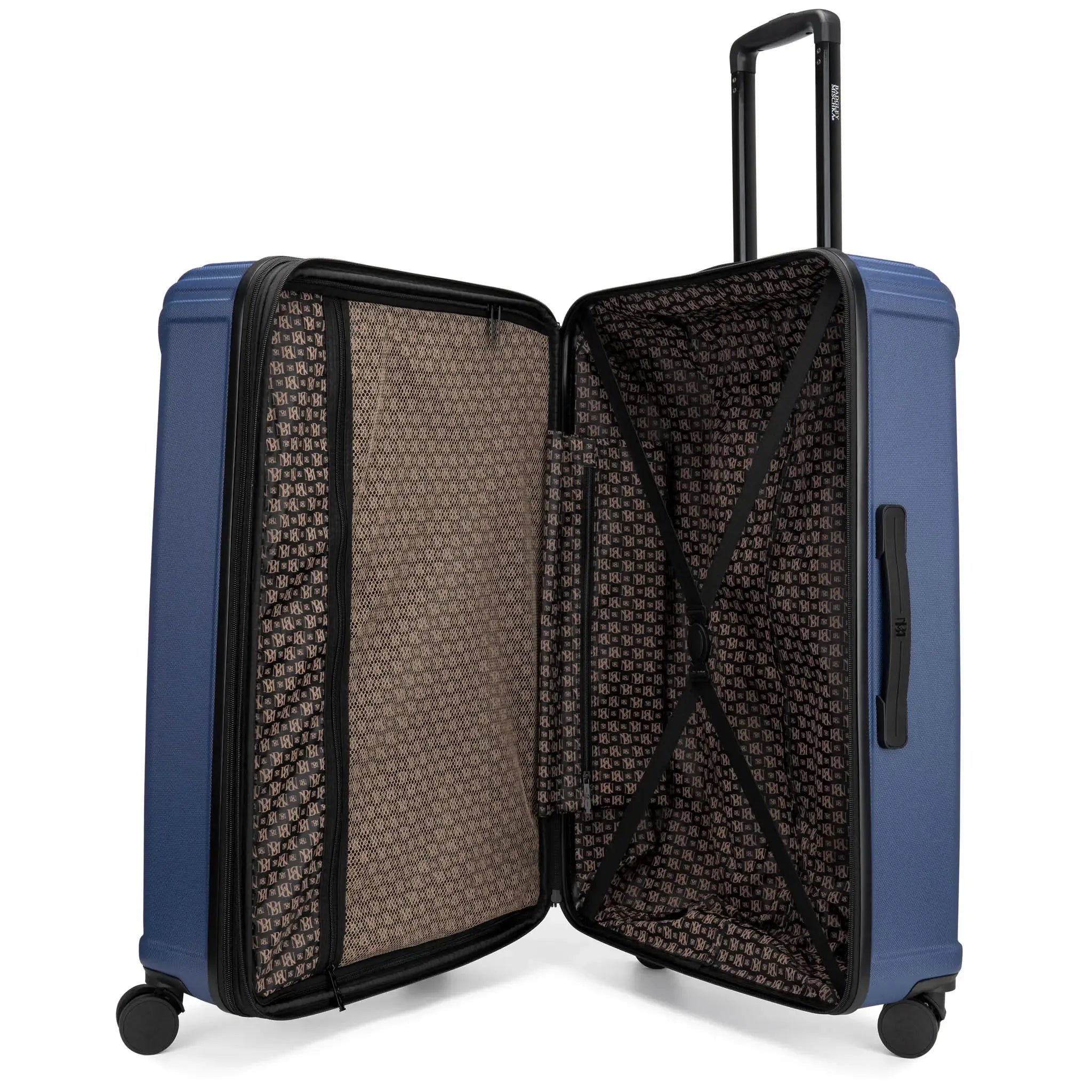 Blue suitcase with open lid on a white background