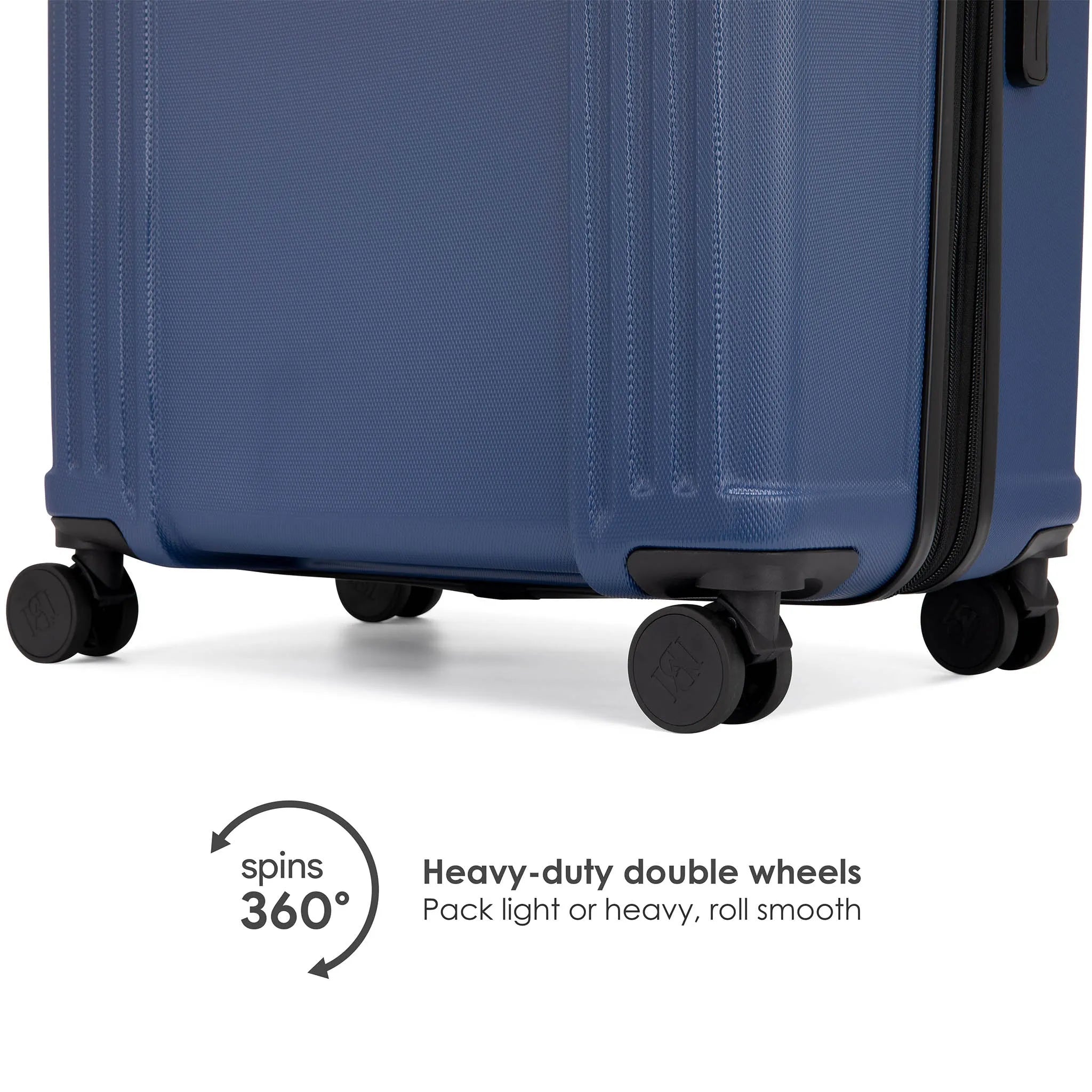 Blue suitcase with heavy-duty double wheels on a white background