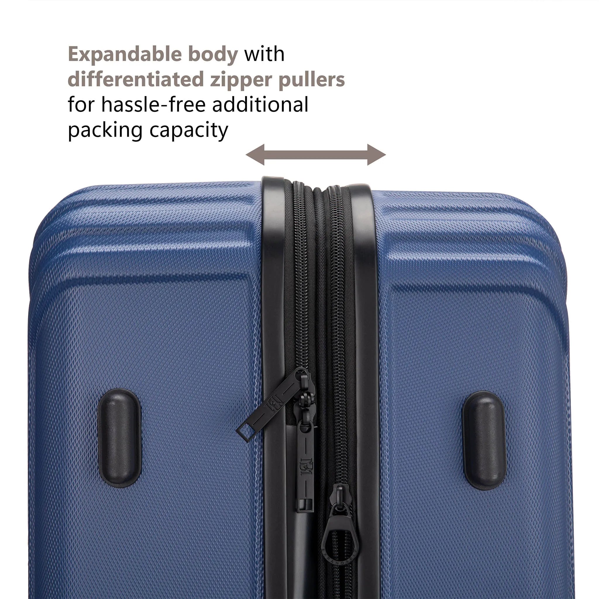 Blue suitcase with an expandable body and differentiated zipper pullers on a white background