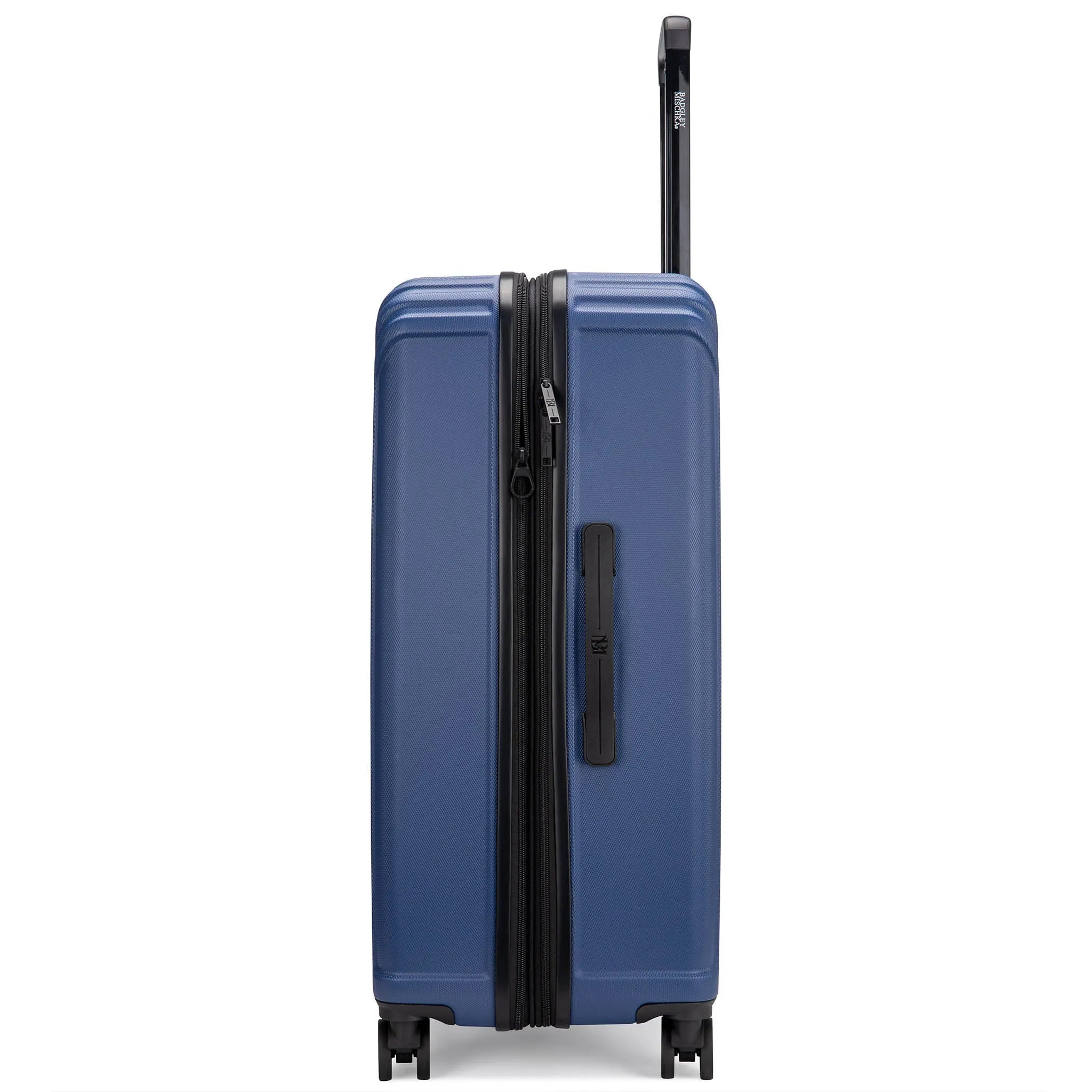 Blue suitcase with a black zipper on a white background