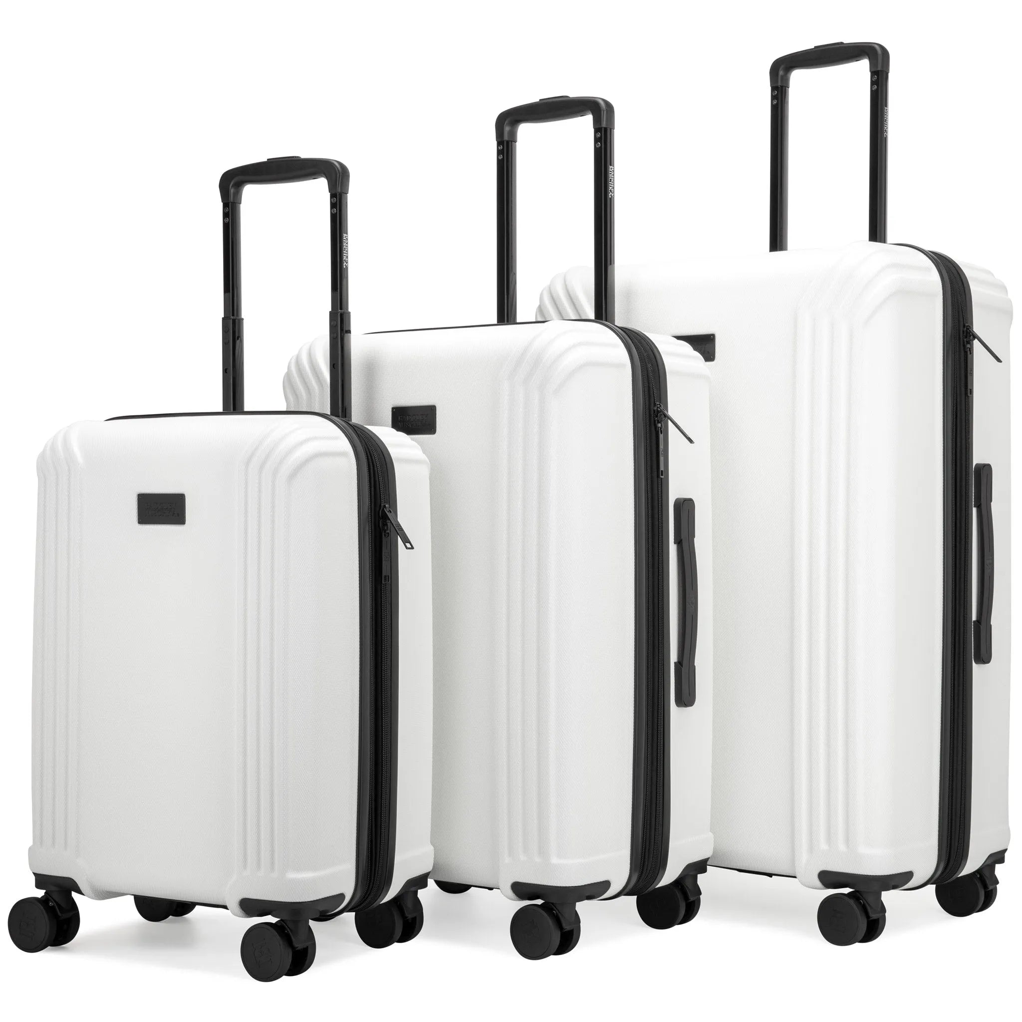 Set of three white suitcases with black handles and wheels on a white background