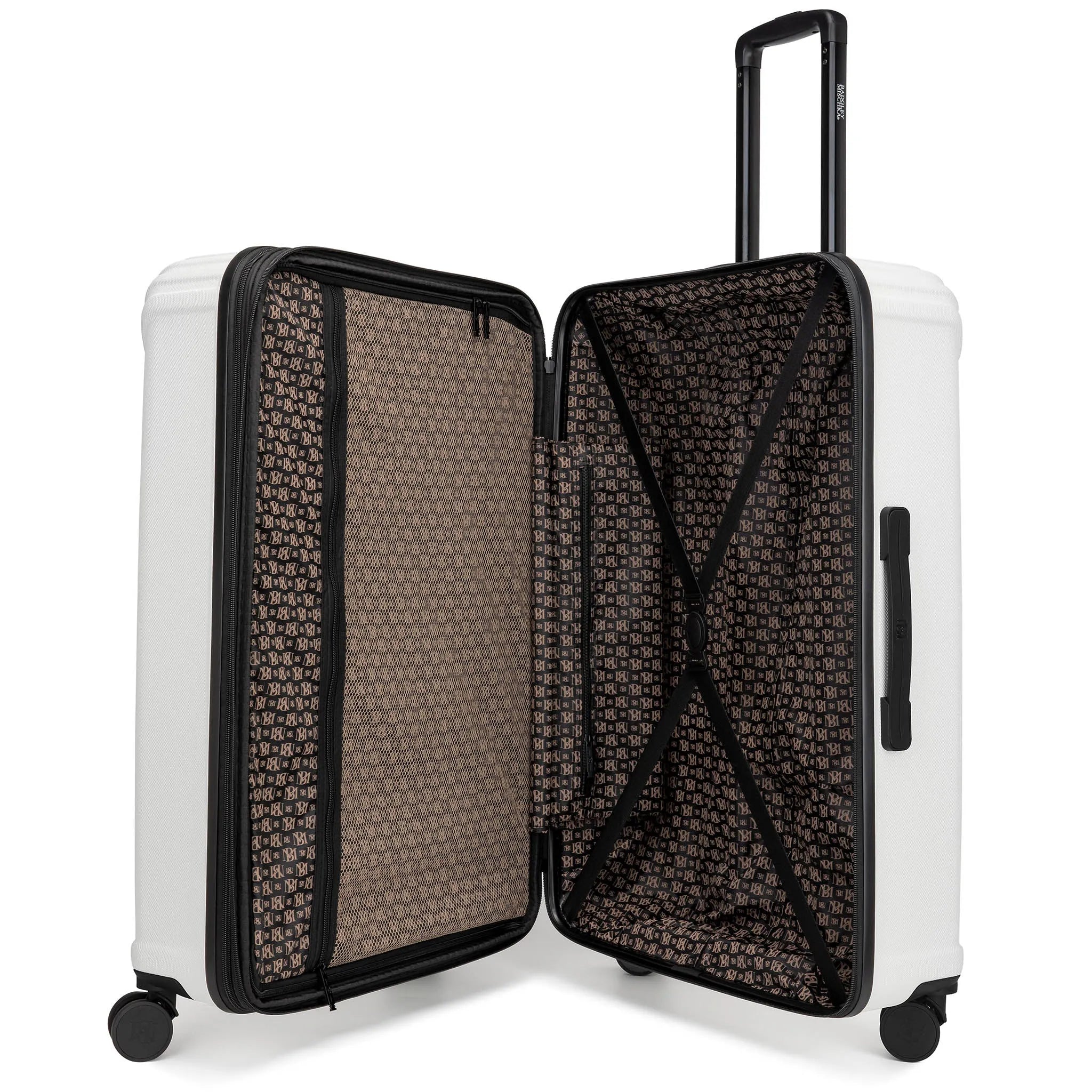 White suitcase with open compartment showing interior structure on a white background