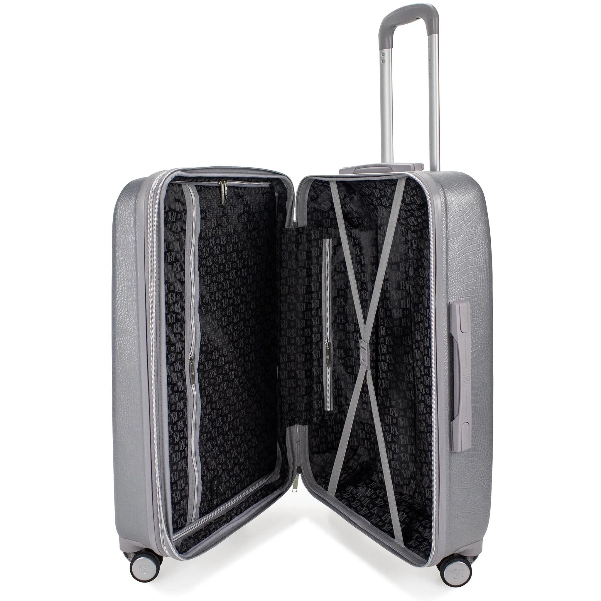 Gray suitcase with open lid on a white background