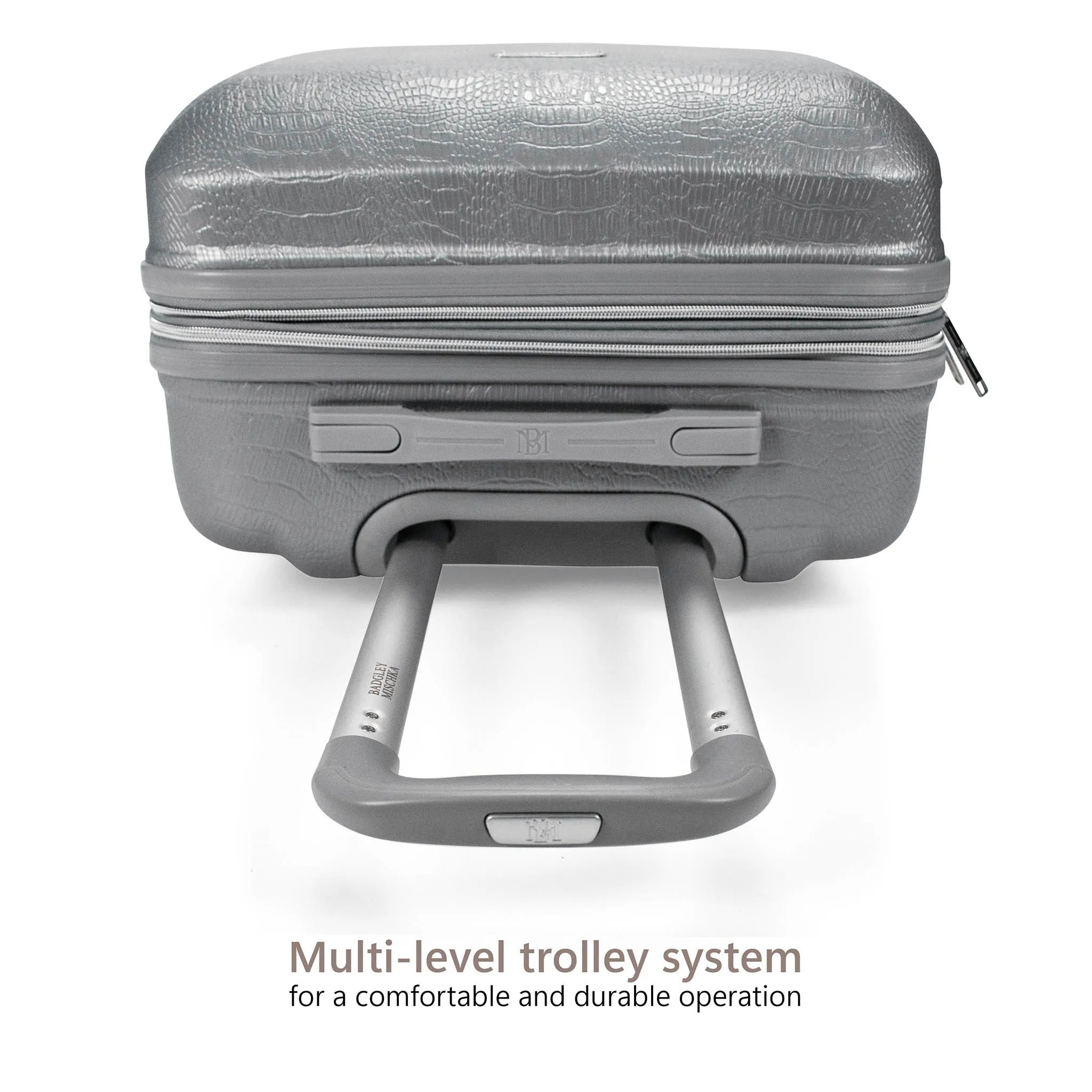 Silver suitcase with multi-level trolley system on a white background