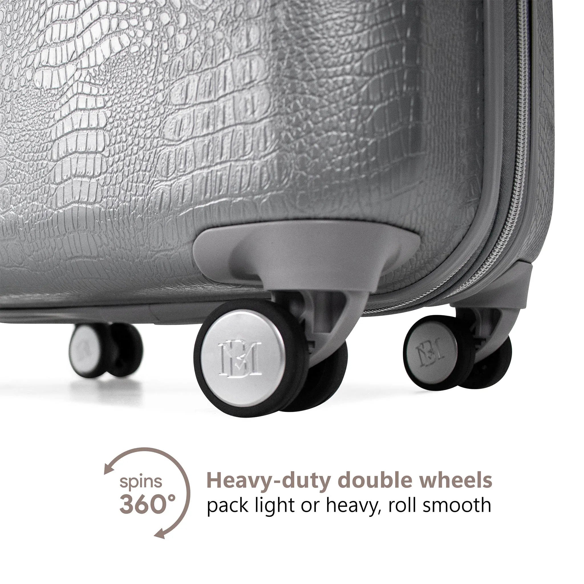 Gray suitcase with wheels and text highlighting their features