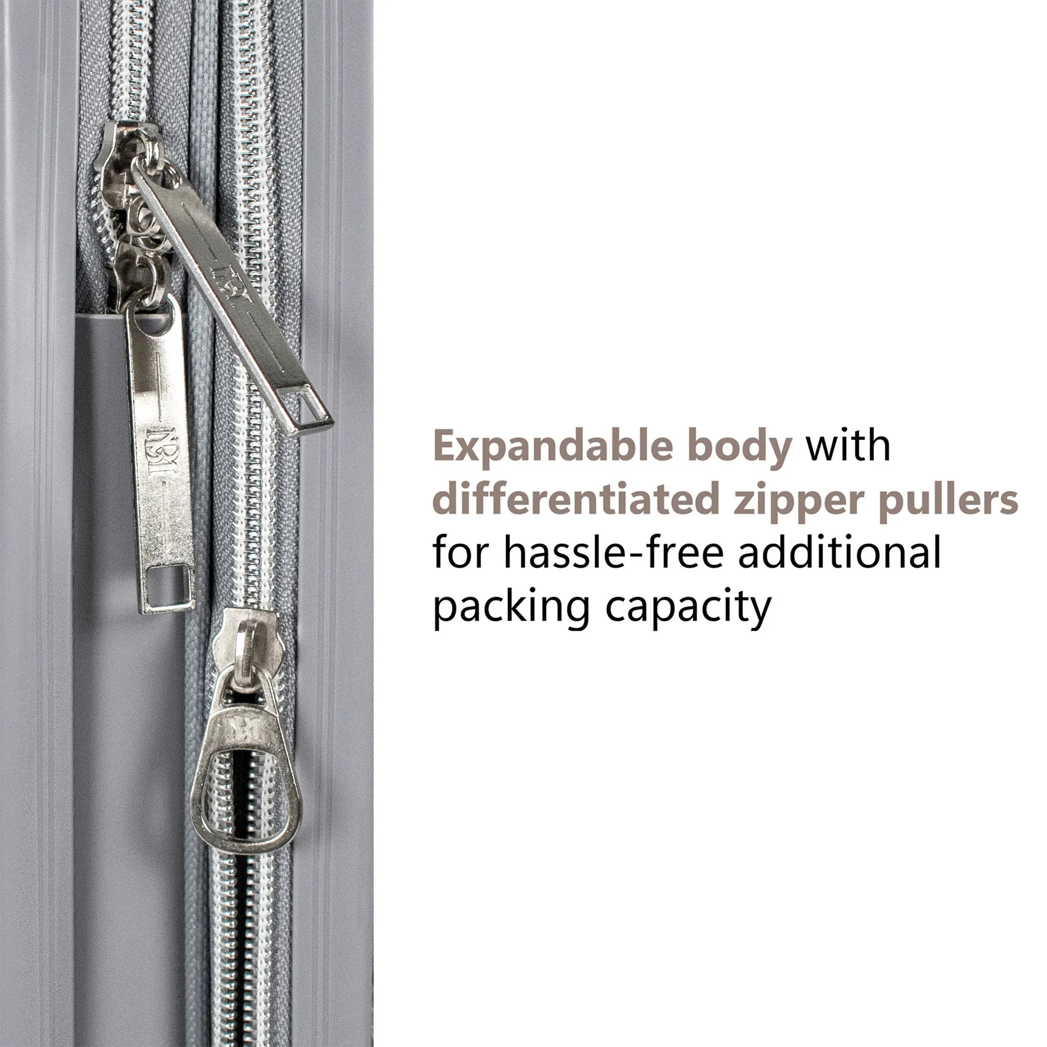 Gray suitcase with multiple zippers and text about expandable body and differentiated zipper pullers.