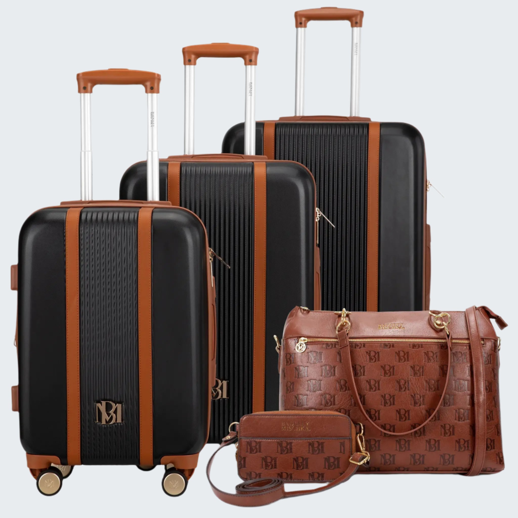 A set of black and brown Mia Madalyn Classy Luggage with gold details, including a carry-on, medium-sized suitcase, large suitcase, weekender tote bag, and belt bag, all featuring the Badgley Mischka monogram print.