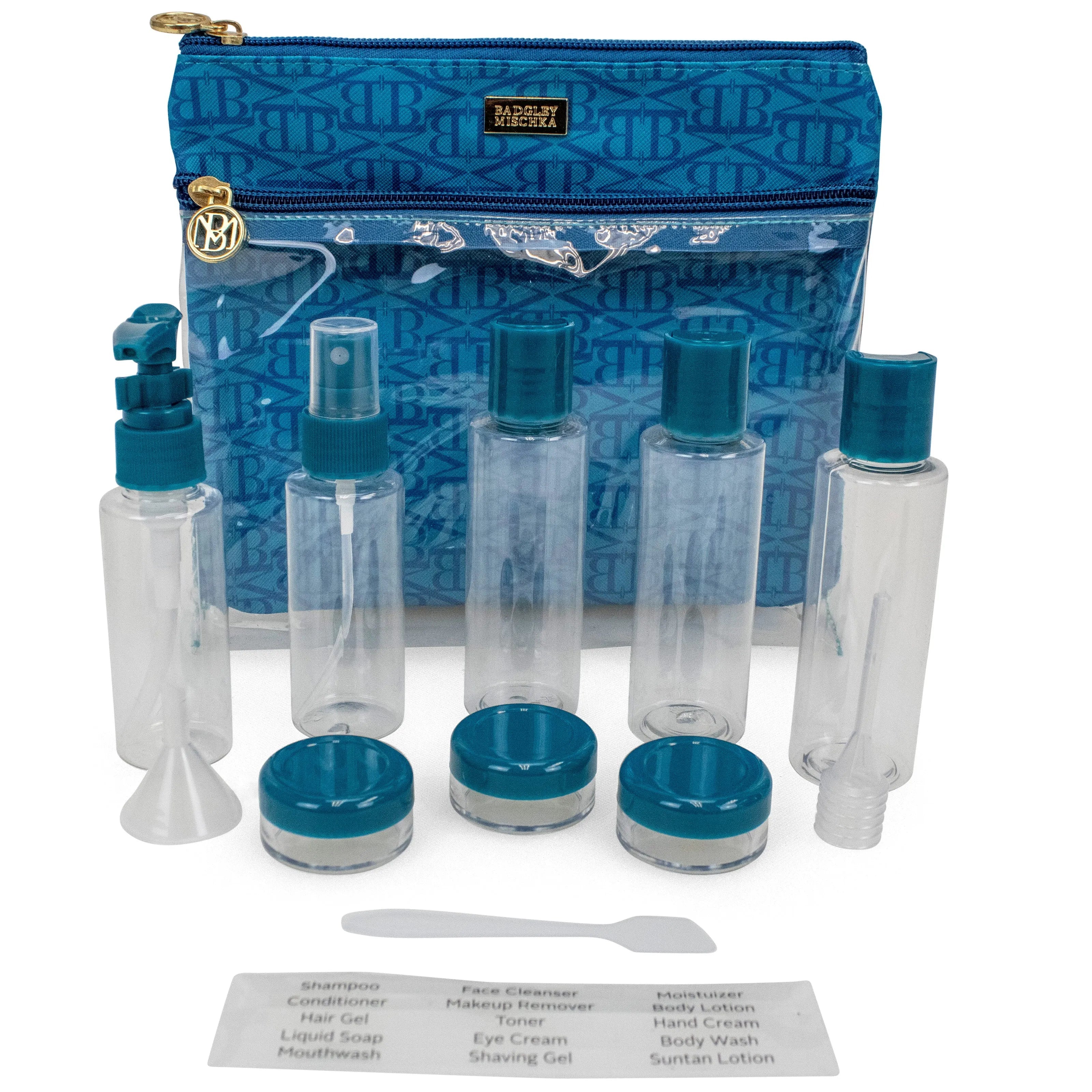Set of clear bottles with blue caps and a blue patterned pouch on a white background