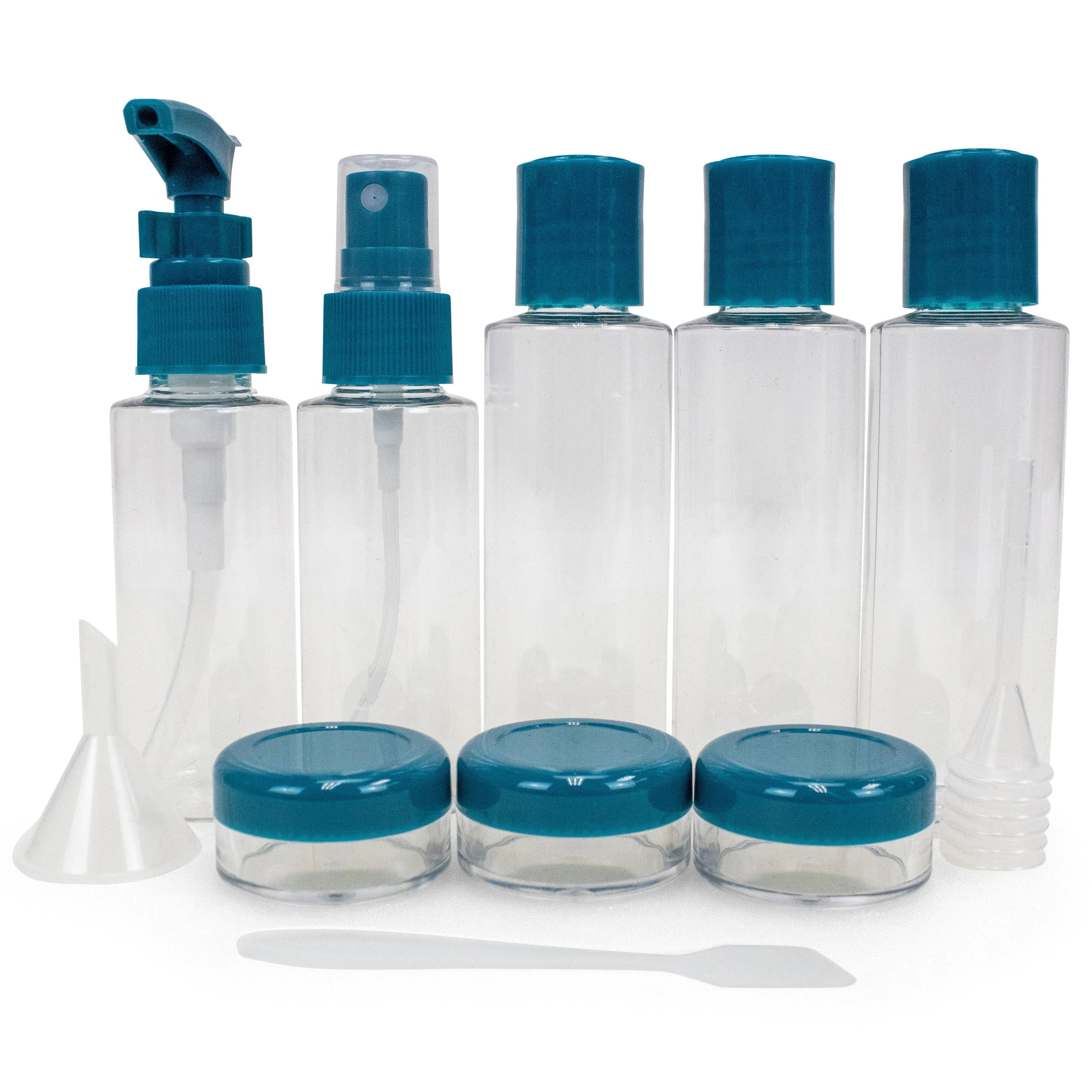 Set of clear bottles with blue caps and accessories on a white background