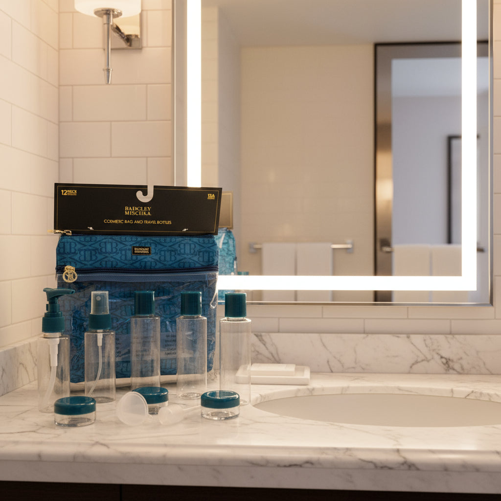 Cosmetic bag and travel bottles set with blue accents, featuring Badgley Mischka branding.