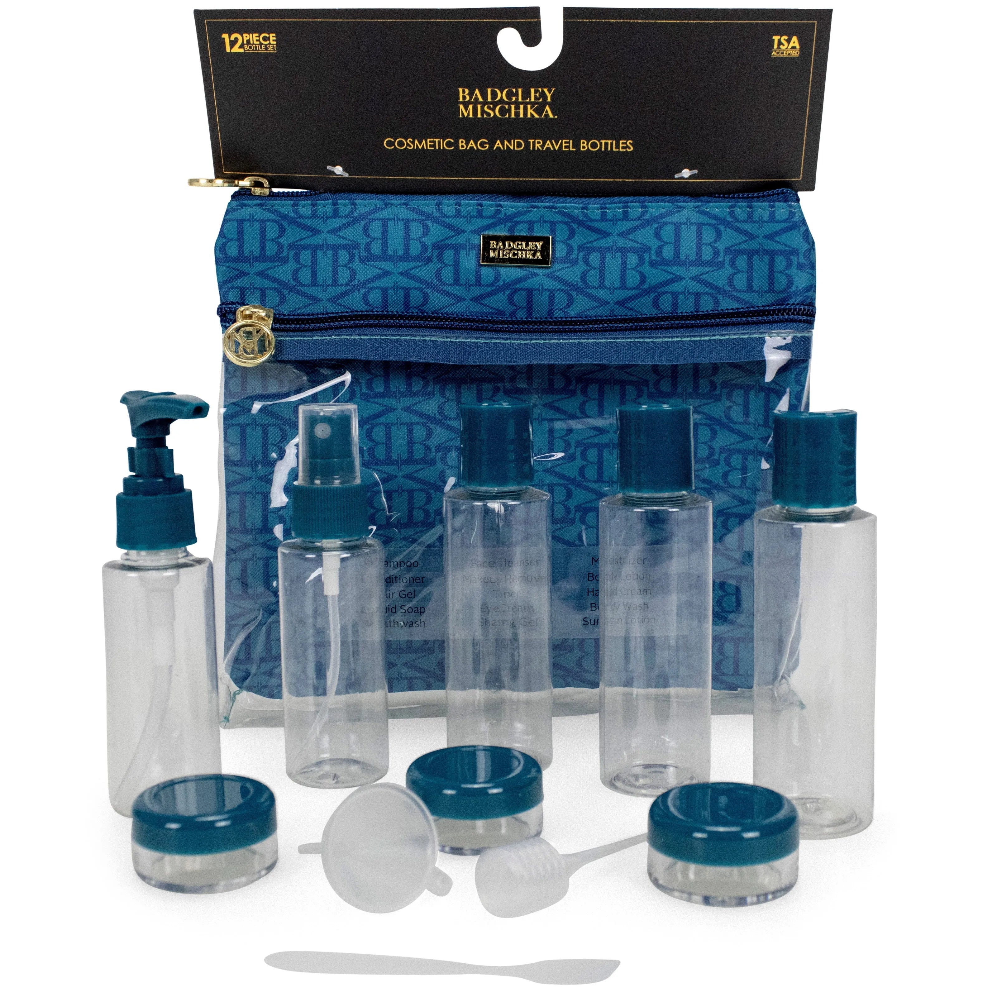 Cosmetic bag and travel bottles set with blue accents, featuring Badgley Mischka branding.