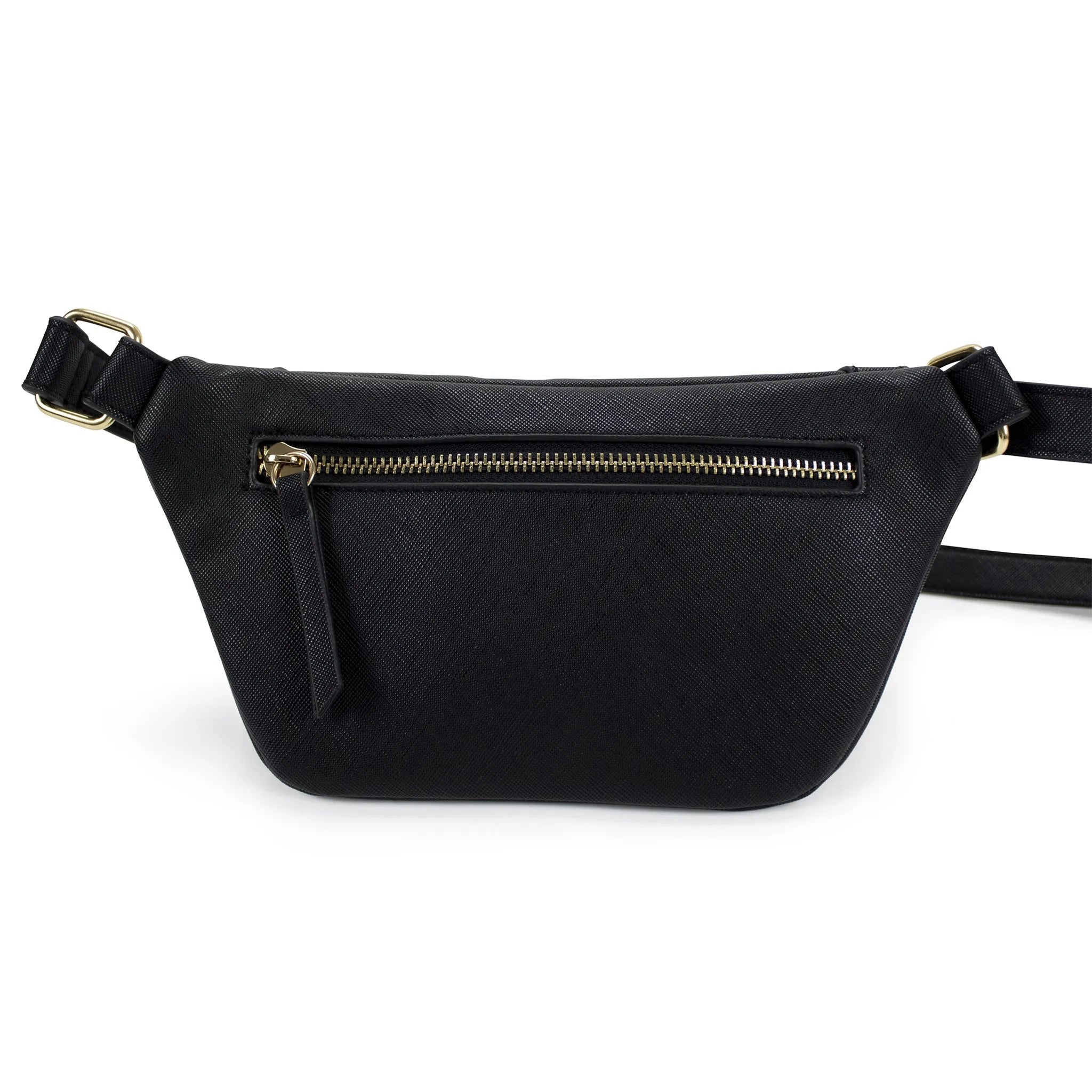 Black waist bag with a gold zipper on a white background