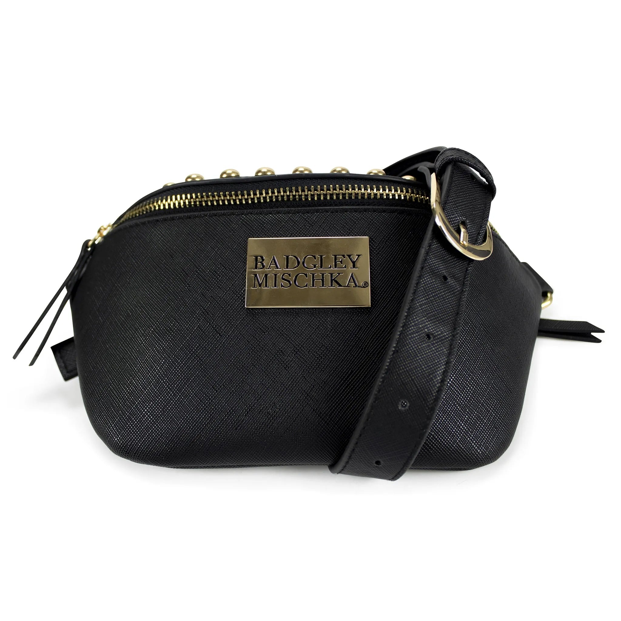 Black handbag with gold zipper and 'Badgley Mischka' label on a white background