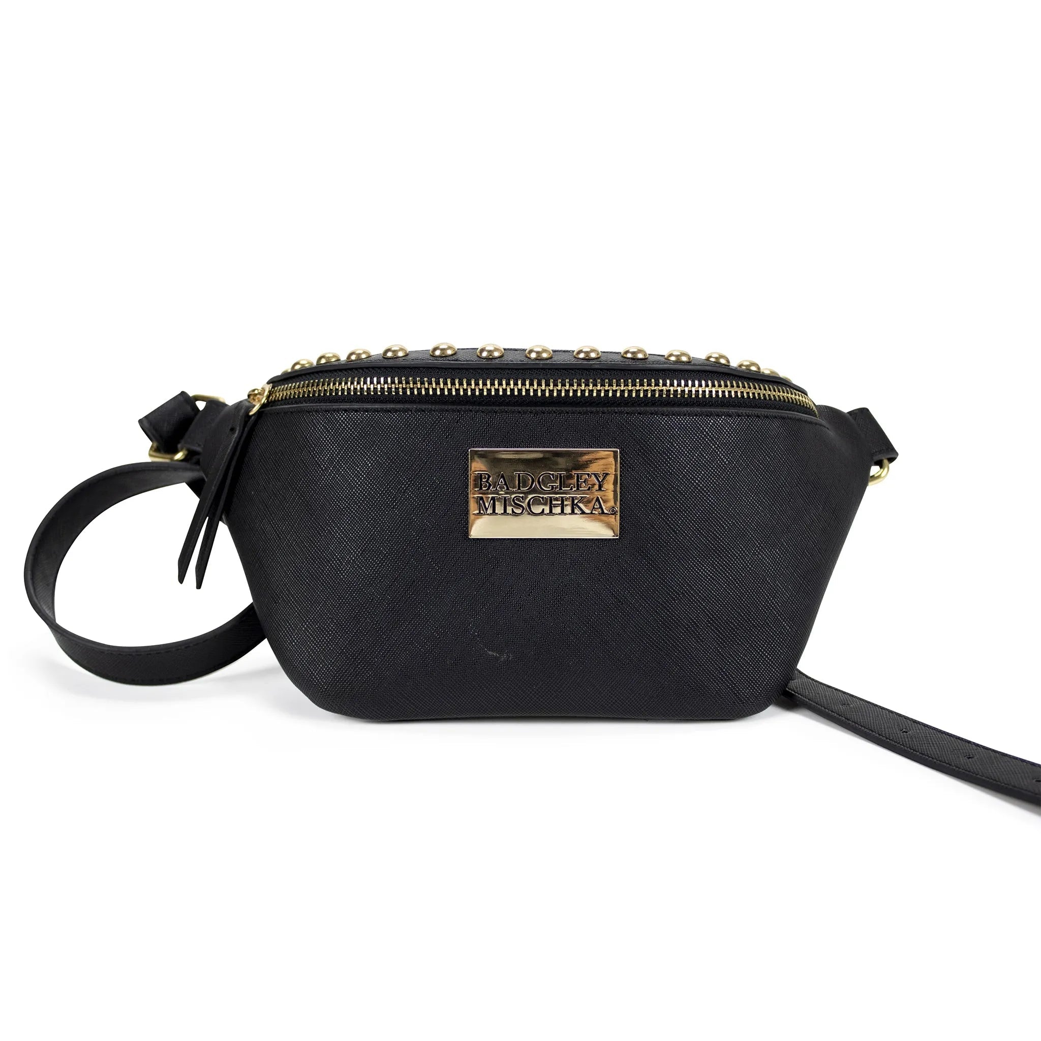 Black waist bag with gold accents and a brand label on a white background
