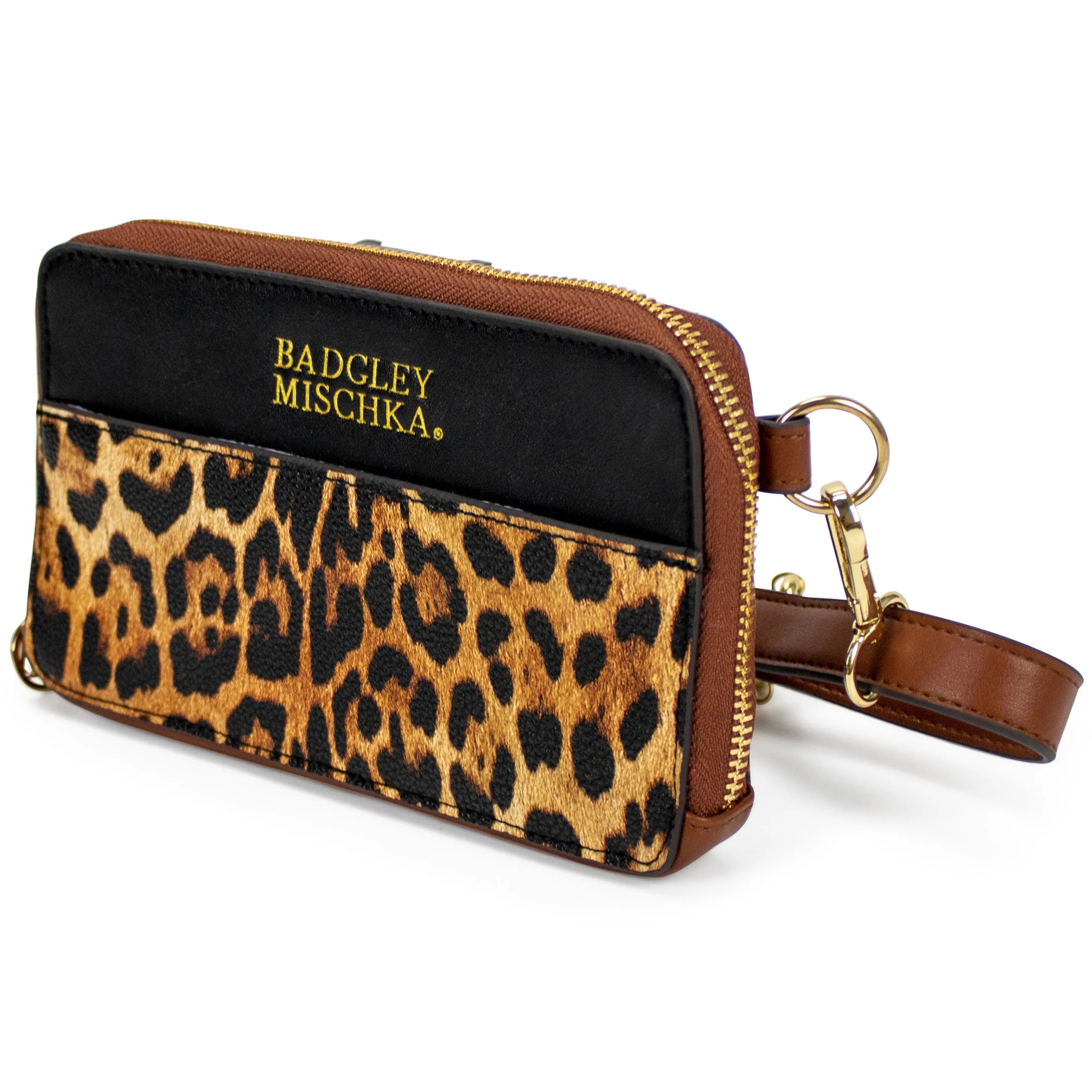 Leopard print pouch with black top section and gold zipper, featuring Badgley Mischka logo.